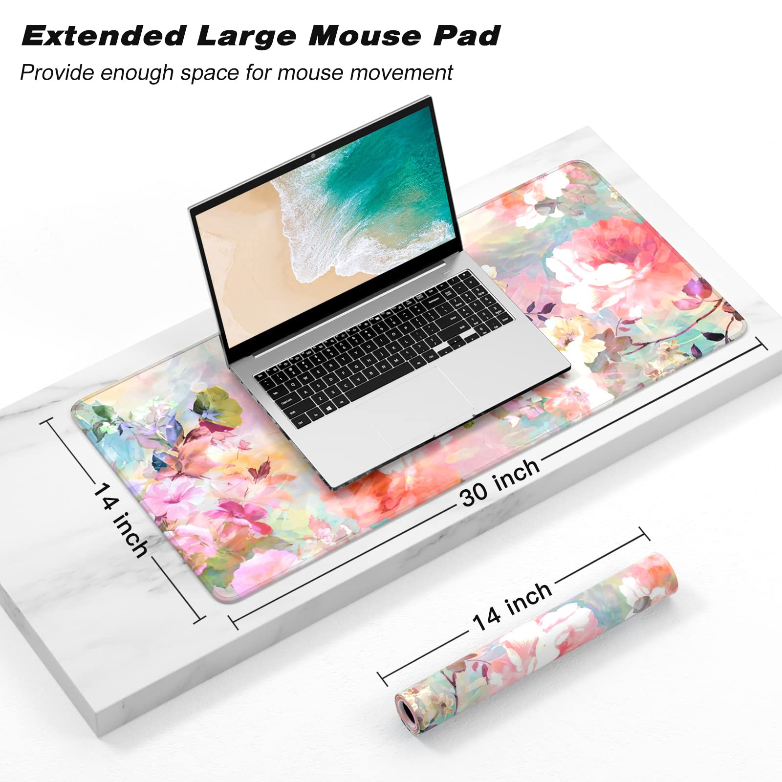 Atufsuat Extended Gaming Mouse Pad, XXL Large Desk Pad 30 x 14 Inch, Big Computer Keyboard Mousepad, Waterproof Mouse Mat with Stitched Edges and Non-Slip Base for Women Office Gaming, Flower