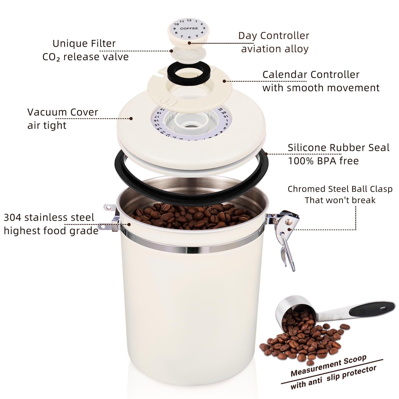 Coffee Container,Airtight Coffee Canister,16 OZ Stainless Steel Kitchen Food Savers for Coffee Beans,Grounds,Tea,Cereal,Sugar,Coffee Jar with Date Tracker and Scoop,Beige.