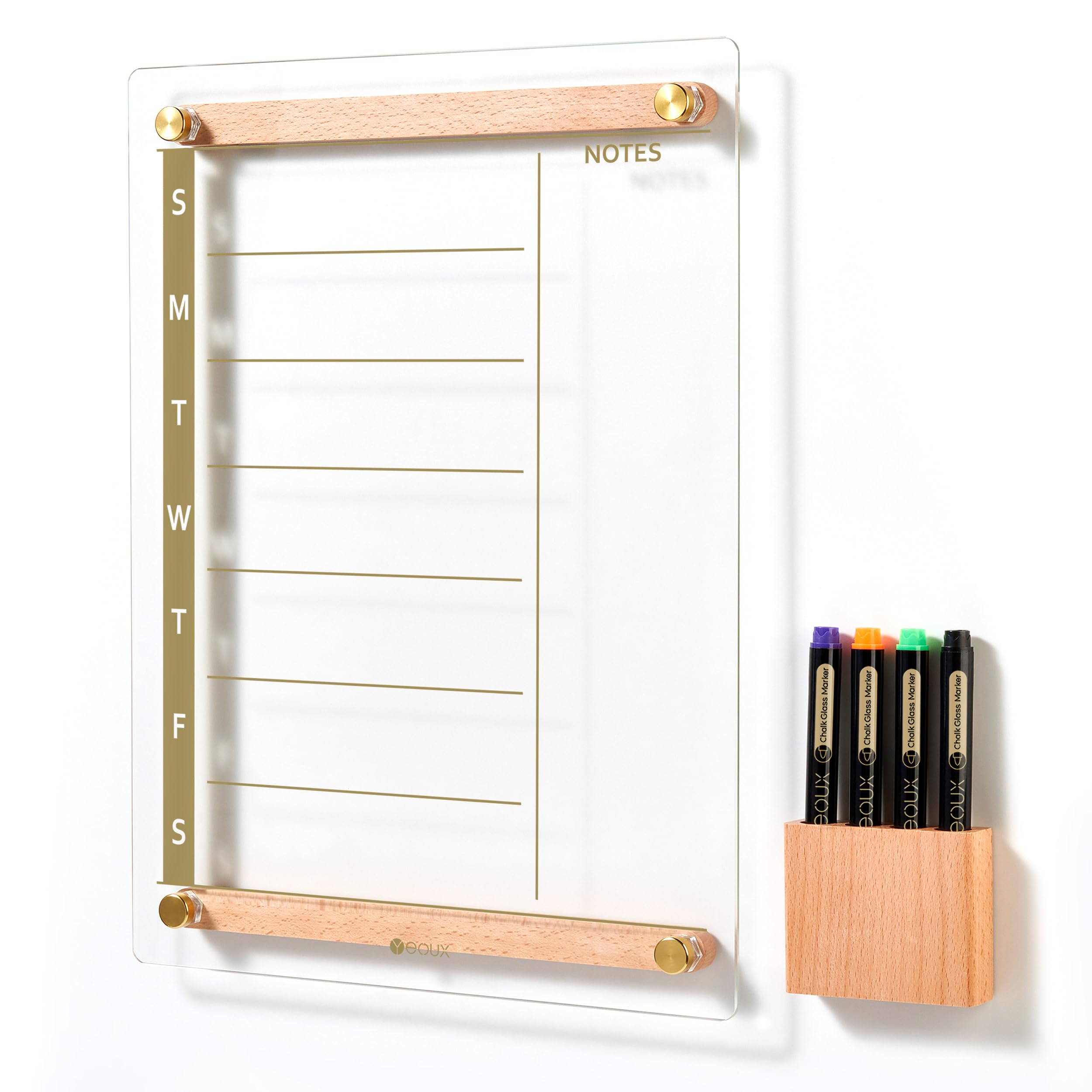 Clear Gold Glass Weekly Dry Erase Calendar Whiteboard with Wood Decoration for Wall, Menu & Meal Planner White Board for Home Kitchen, 15x11, Wood Marker Holder and 4 Markers Included, Yeoux