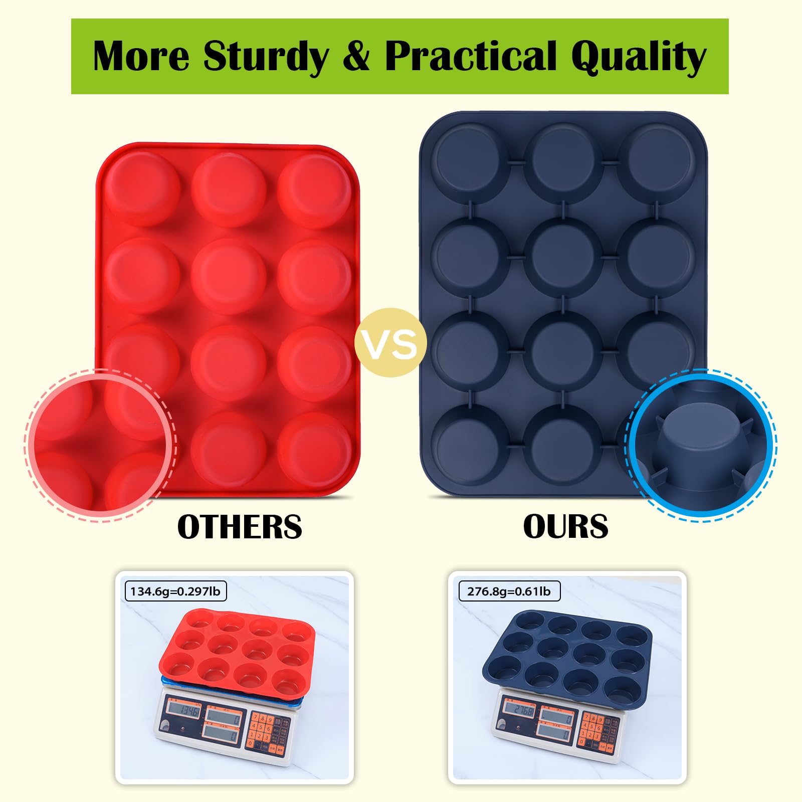 Vnray 2 Pack Silicone Muffin Baking Pan & Cupcake Tray 12 Cup - Nonstick Cake Molds/Tin, Silicon Bakeware, BPA Free, Dishwasher & Microwave Safe by Vnray (12 Cup Size, Grey)
