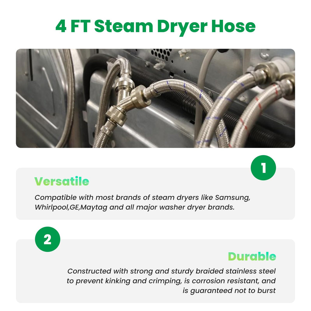 Watflow 4FT Steam Dryer Hose Installation Kit with 3/4" FHT 90 Degree 304SS Elbow Hose, 1ft Inlet Adapter and Y Connector,Fits All Normal Household Water Supply Lines