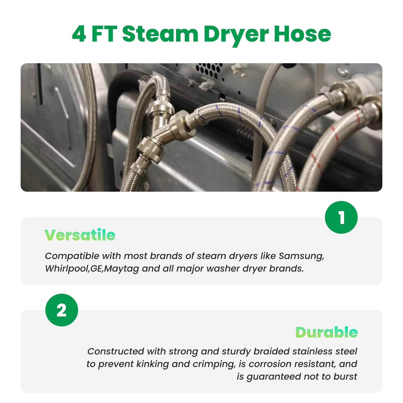 Watflow 4FT Steam Dryer Hose Installation Kit with 3/4" FHT 90 Degree 304SS Elbow Hose, 1ft Inlet Adapter and Y Connector,Fits All Normal Household Water Supply Lines