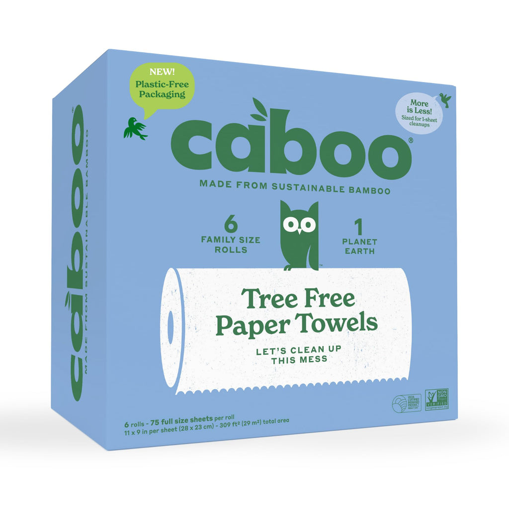 Caboo Tree Free Paper Towels, 6 Rolls, Earth Friendly Sustainable Kitchen Paper Towels with Strong 2 Ply Sheets