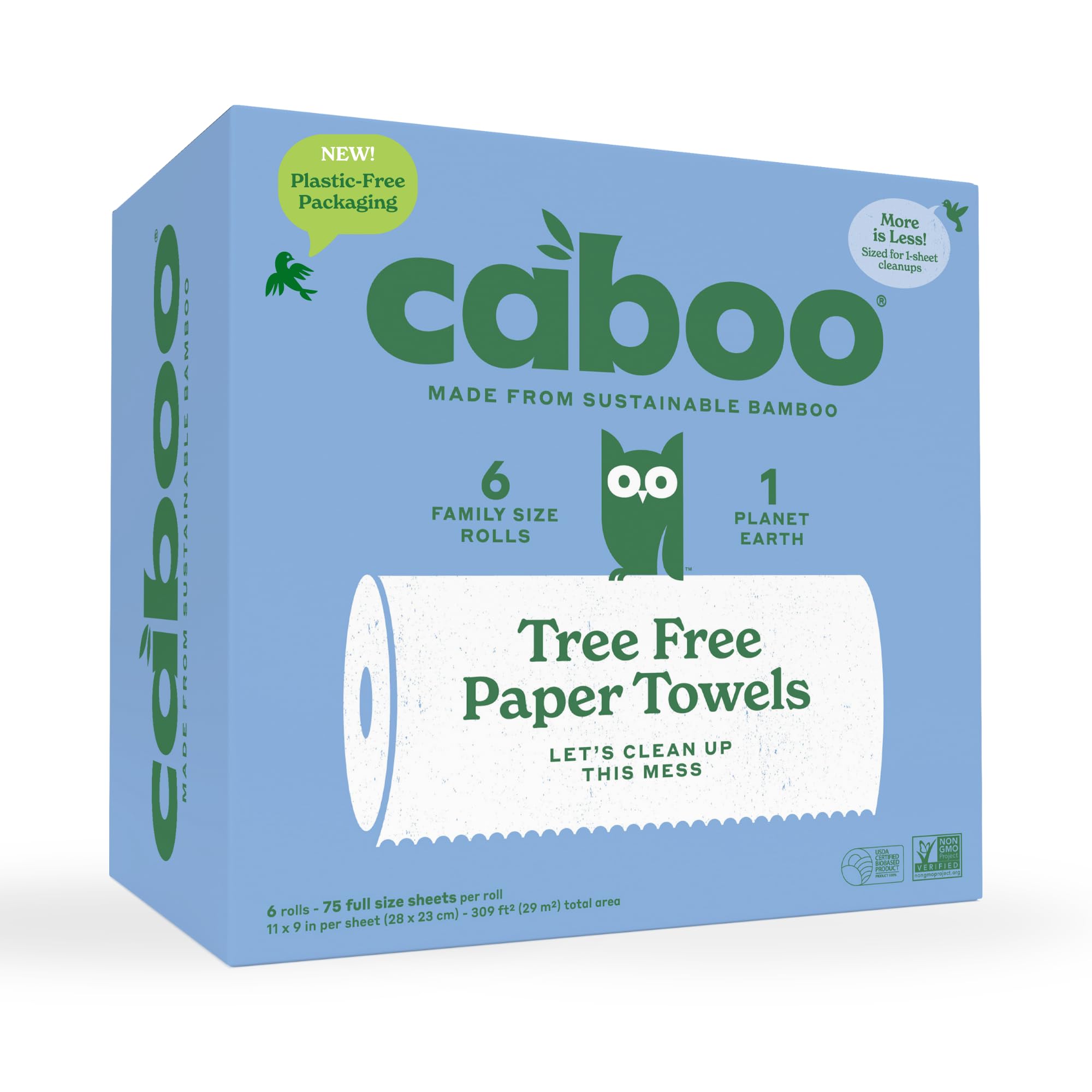 Caboo Tree Free Paper Towels, 6 Rolls, Earth Friendly Sustainable Kitchen Paper Towels with Strong 2 Ply Sheets