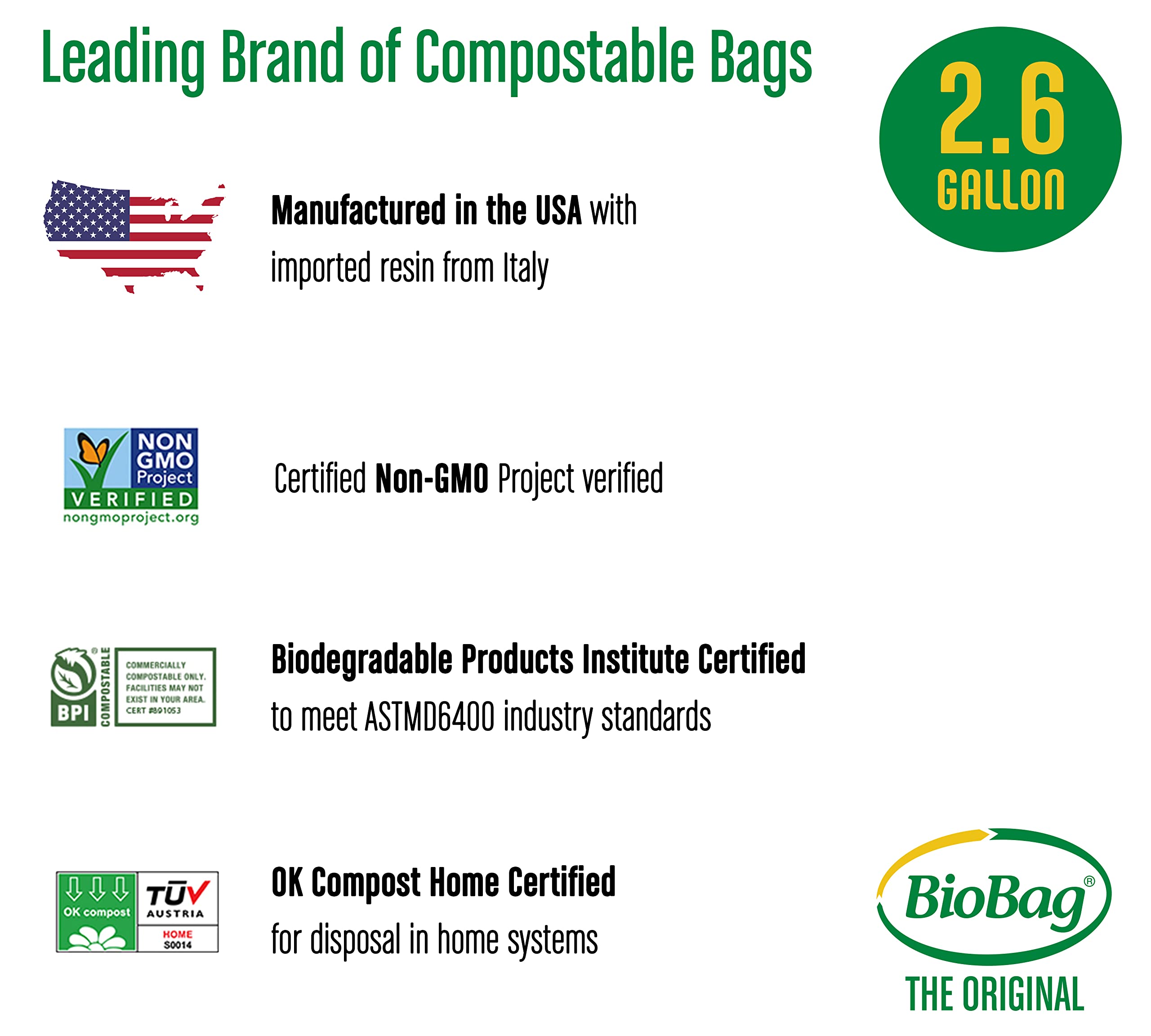 BioBag (USA), The Original Compostable Bag, 2.6 Gallon, 100 Total Count, 100% Certified Compostable Kitchen Food Scrap Bags, Kitchen Compost Bin Compatible