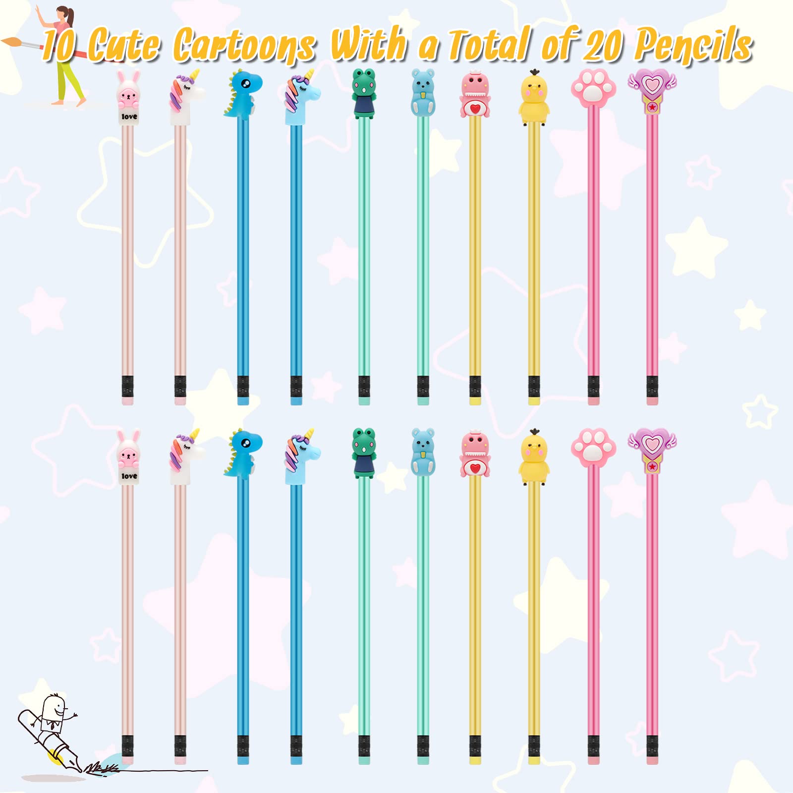 48 Pieces Pencils For Kids, Fun Pencils For Kids,Bulk Pencils With Cute Animal Toppers,Erasers,Pencil Sharpeners for School Office Classroom Party Reward Supplies