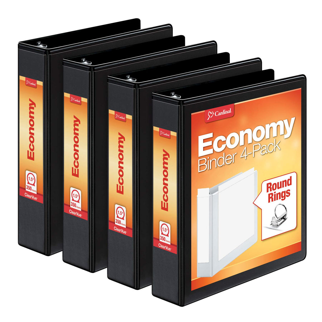 Cardinal Economy 3 Ring Binder, 1.5 Inch, Presentation View, Black, Holds 350 Sheets, Nonstick, PVC Free, 4 Pack of Binders (79519)