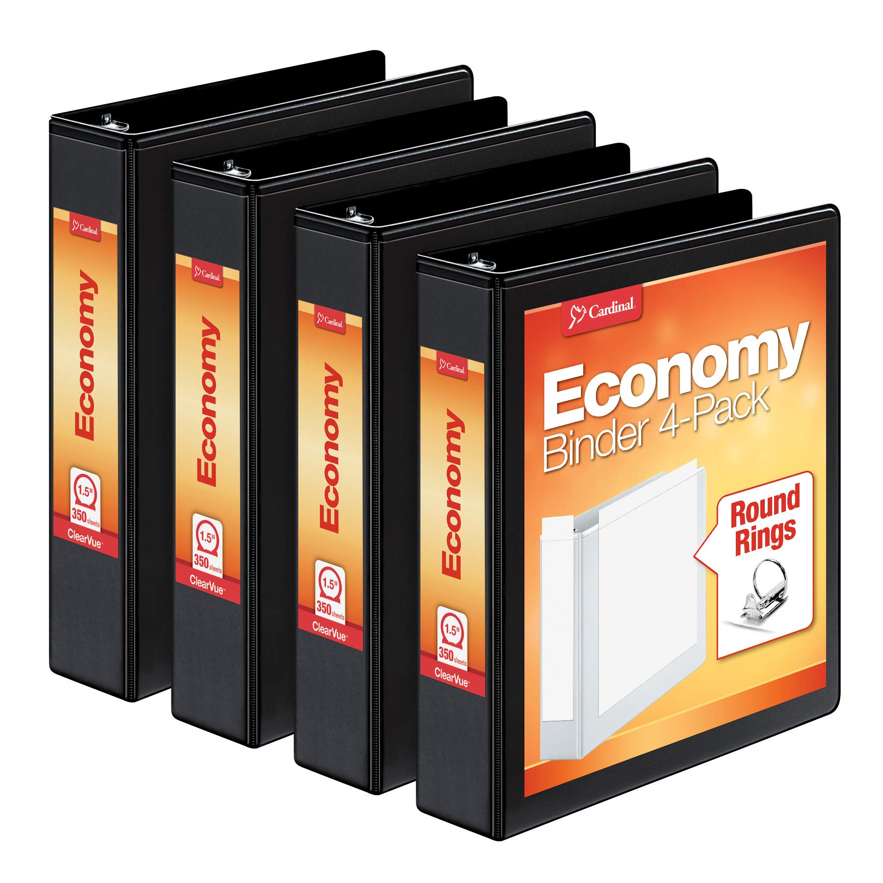 Cardinal Economy 3 Ring Binder, 1.5 Inch, Presentation View, Black, Holds 350 Sheets, Nonstick, PVC Free, 4 Pack of Binders (79519)