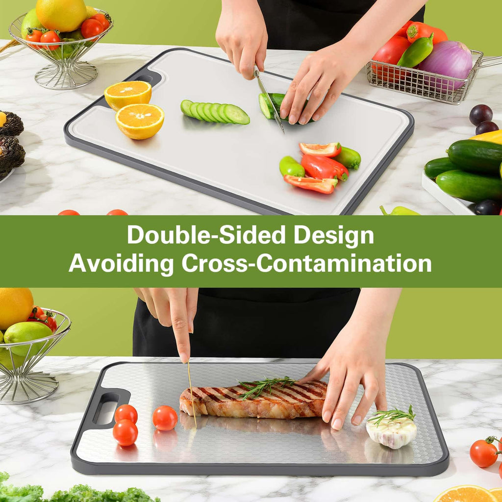 INZOO Stainless Steel Cutting Board, 15''×10'' Double Sided Cutting Boards for Kitchen, Stainless Steel/Wheat Straw PP Chopping Board for Meat & Vegetables, Easy to Clean, Dishwasher Safe
