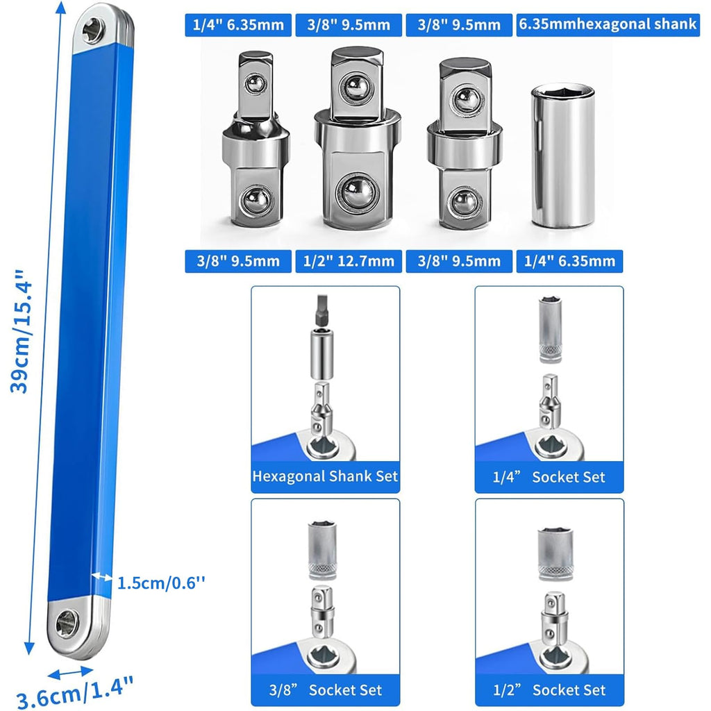Benustra Offset Extension Wrench 3/8, 15In Tight Reach Extension Wrench with 1/2" 1/4" 3/8" Square Drive Adapters, Multifunctional Ratchet Heavy Duty Offset Extension Wrench for Small Confined Place