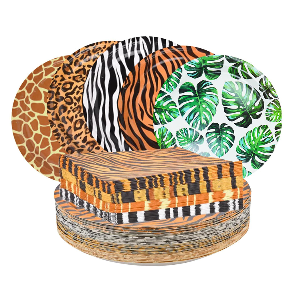 YYBD 100Pcs Jungle Safari Wild Animal Party Supplies Disposable Jungle Zoo Animal Print Paper Plates and Napkins Forest Animals Dessert Plates for Leopard Zebra Baby Shower Birthday Theme Decorations