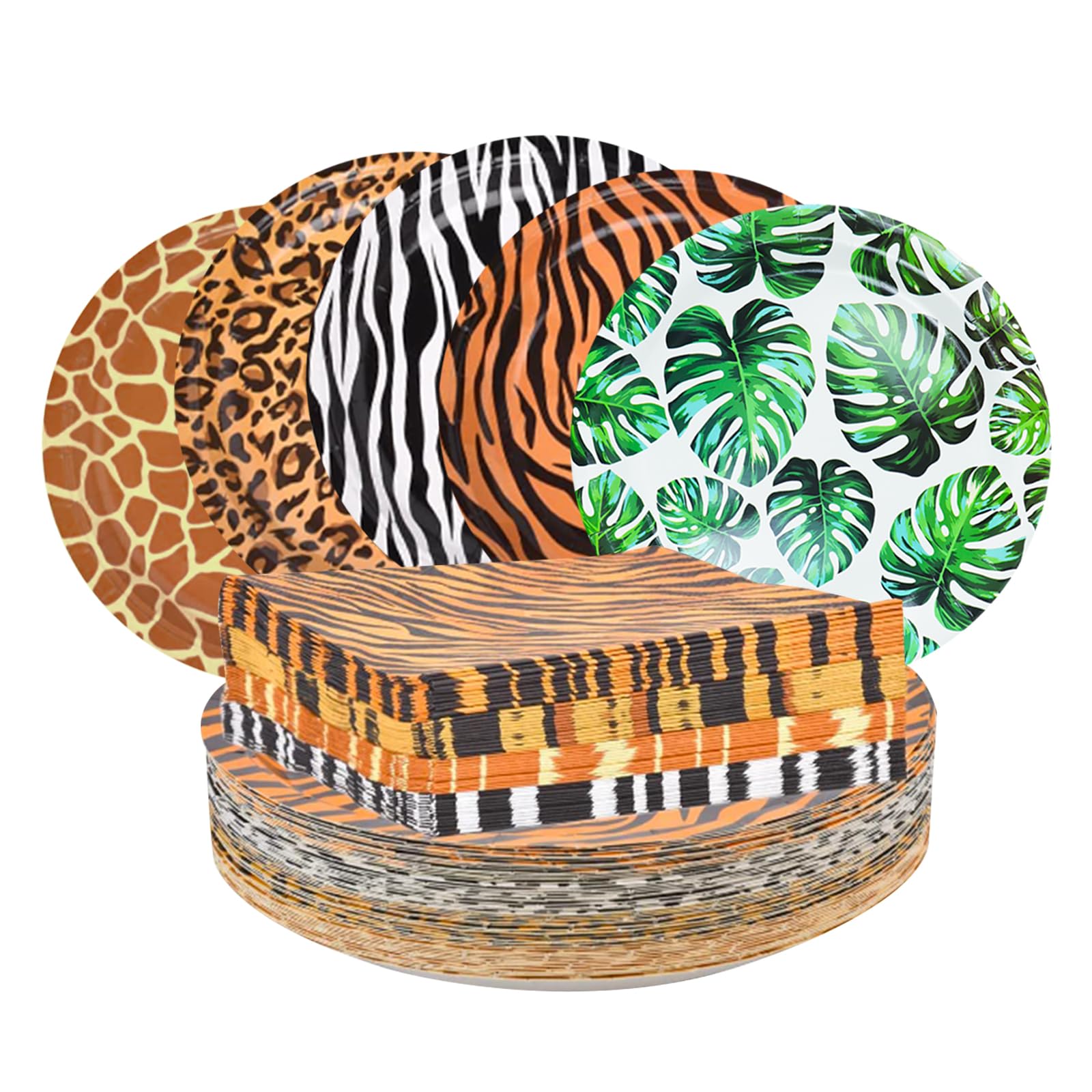 YYBD 100Pcs Jungle Safari Wild Animal Party Supplies Disposable Jungle Zoo Animal Print Paper Plates and Napkins Forest Animals Dessert Plates for Leopard Zebra Baby Shower Birthday Theme Decorations