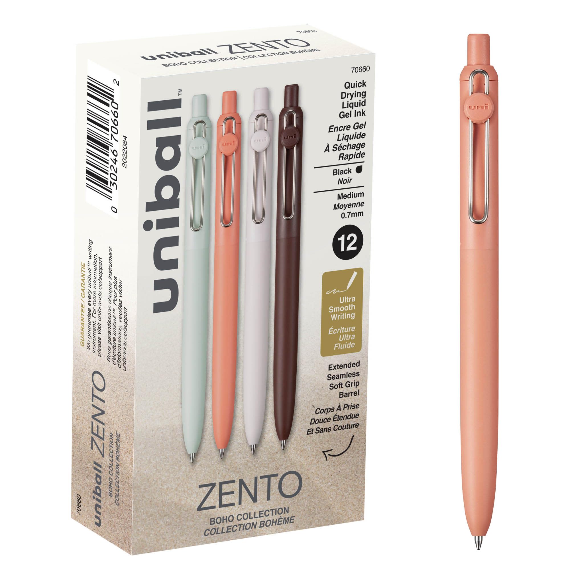 uniball Zento Liquid Gel Ink Retractable Pens, Medium Point (0.7mm), Boho Barrels, Black Ink, Dozen