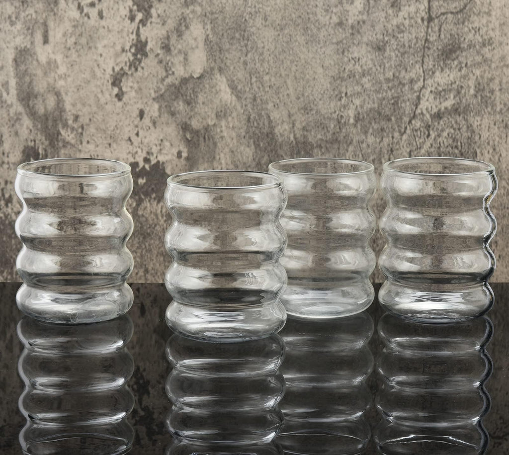 ALINK 16 oz Bubble Drinking Water Glasses Tumblers- Glass Cups Cute Ripple Shaped Vintage Ribbed Glassware- Cocktail,Soda, Juice, Coffee, Milk - Set of 4