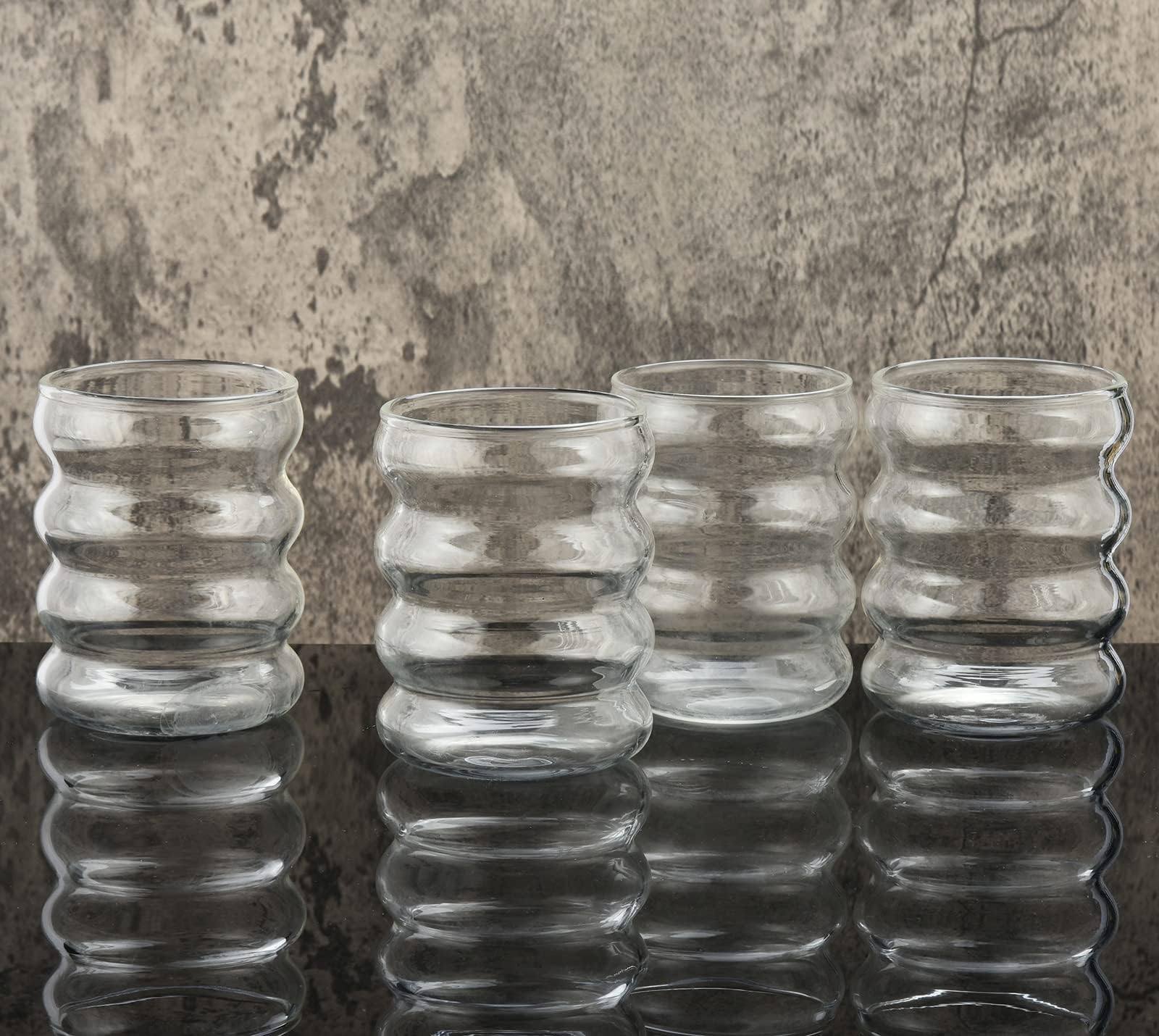 ALINK 16 oz Bubble Drinking Water Glasses Tumblers- Glass Cups Cute Ripple Shaped Vintage Ribbed Glassware- Cocktail,Soda, Juice, Coffee, Milk - Set of 4