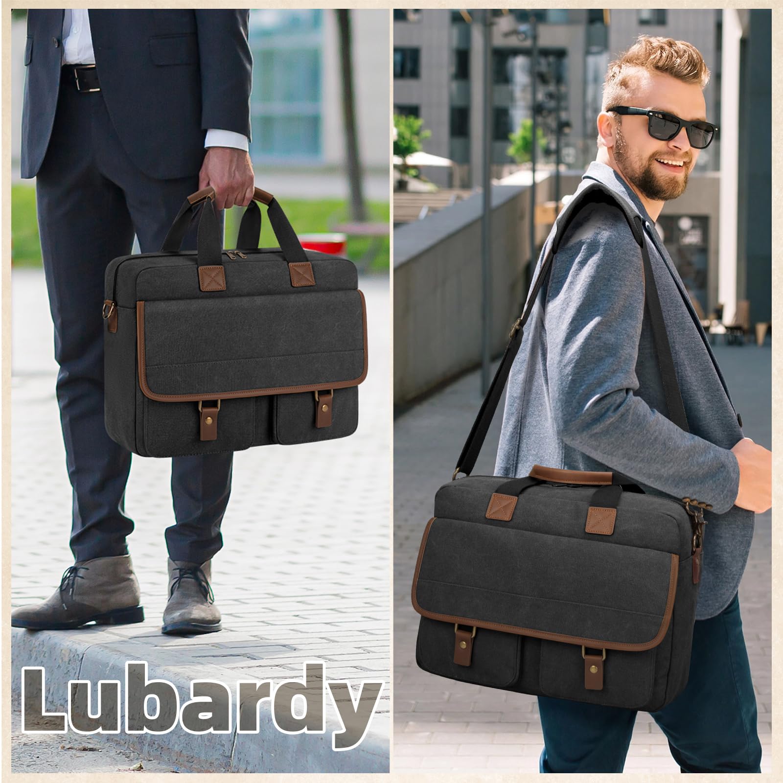 Lubardy Messenger Bag for Men, 15.6 Inch Laptop Bag Computer Office Laptop Bag for Men, Waterproof Work Bags Canvas Messenger Laptop Briefcase Satchel for Business College Travel, Black
