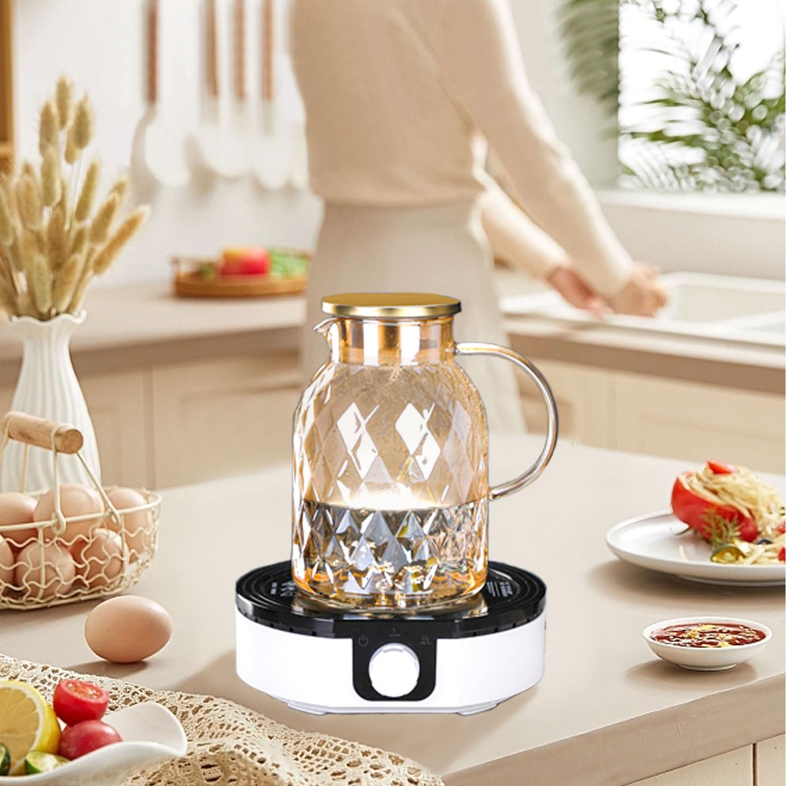 1.8L 60 oz Amber Glass Pitcher with Lid and Handle 2 Quart Water Pitcher with Spout Beverage Serveware Iced Tea Jug Water Carafe Heat Resistant Refrigerator Usable