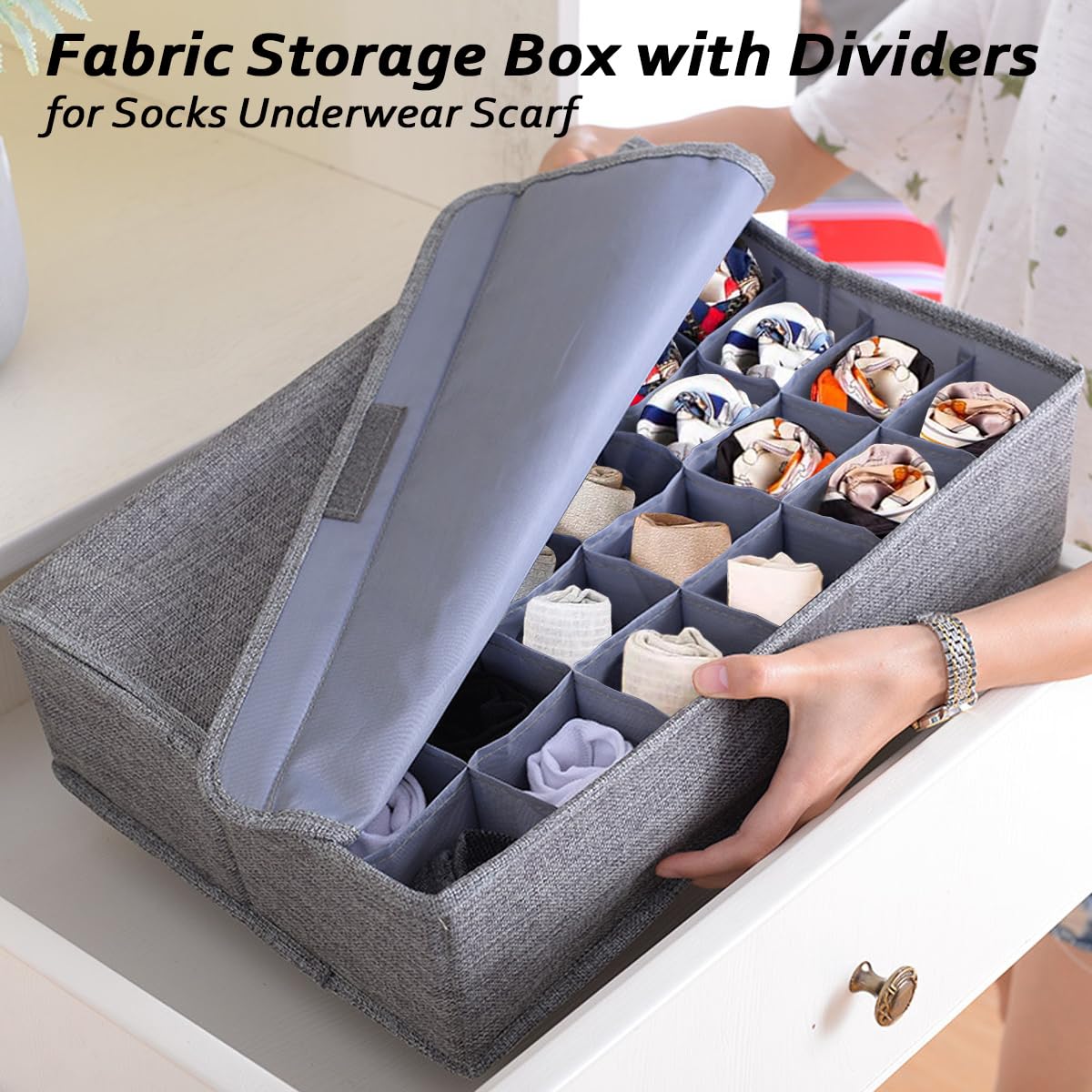 AARAINBOW 2 Packs Tie Storage Box with Lid, 60 Cells Sock Underwear Organizer for Dresser Drawer, Foldable Closet Necktie Holder for Men, Fabric Wardrobe Panty Container for Belt Scarf Lingerie, Gray