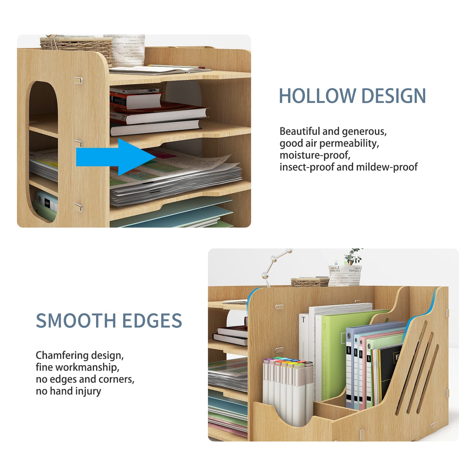 PUNCIA 4 Tier Wooden Desktop Organizer Letter A4 File Rack - Mail Sorter with Vertical & Horizontal File Holder, Tabletop Storage Box for Office Supplies Binders Folders Trays