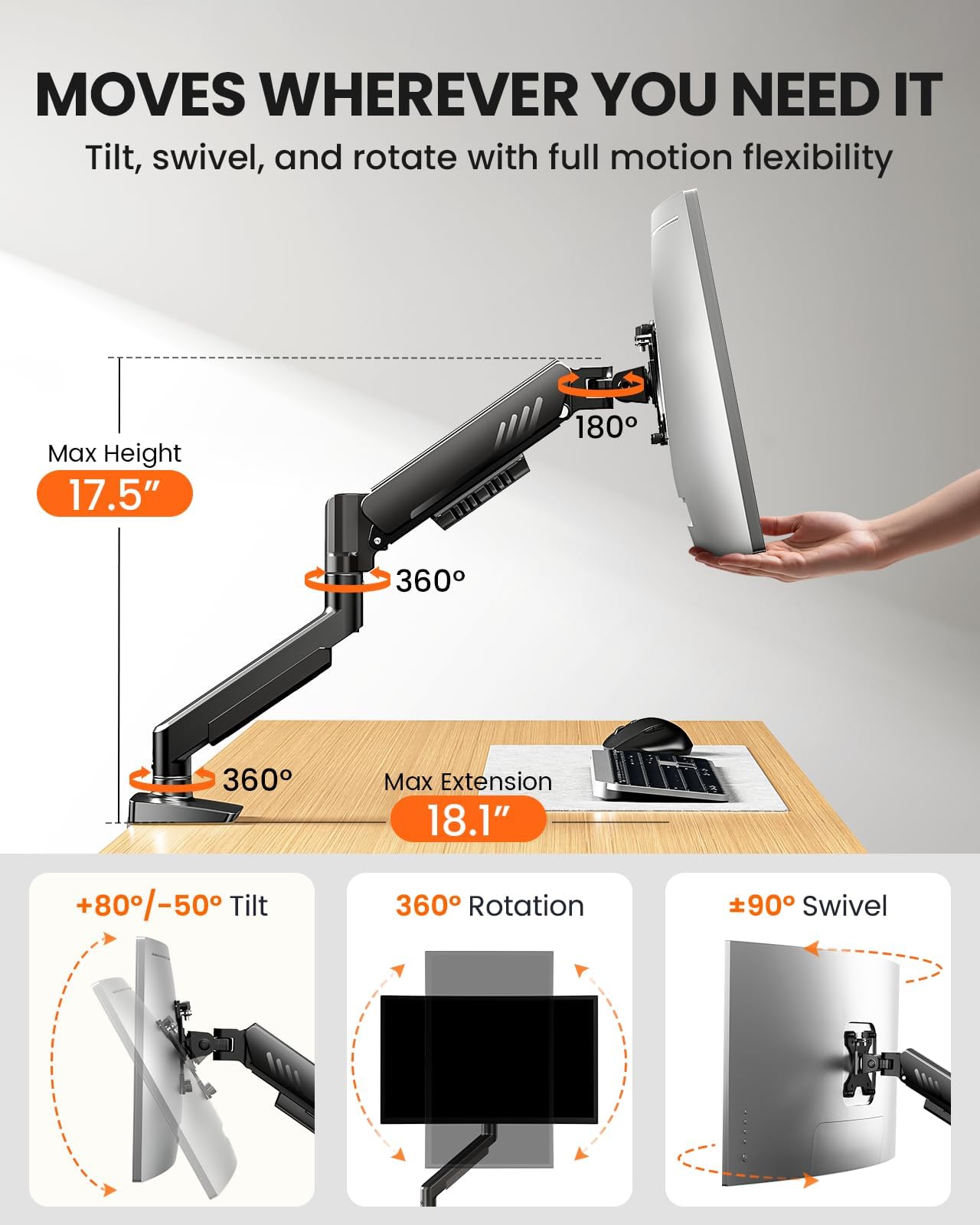 ErGear Single Monitor Arm, Adjustable Gaming Monitor Mount for 13–34 Inch Screens, Fast Install Computer Monitor Stand with Tool-Free VESA Mount, Cable Management, Holds 19.8 lbs, Max VESA 100x100mm