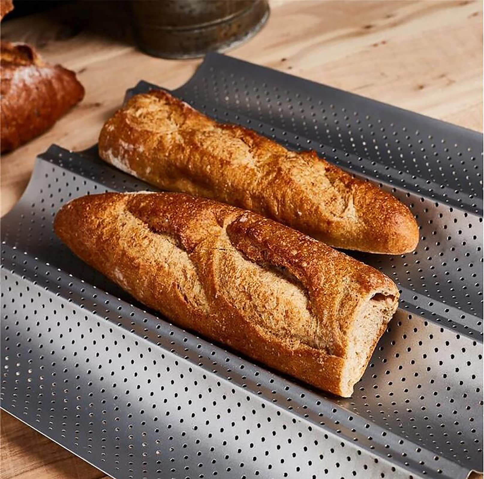 Fasmov 2 Pcs French Bread Baking Pan Nonstick Perforated Baguette Pan 4 Wave Loaves Loaf Bake Mold Toast Cooking Bakers Molding