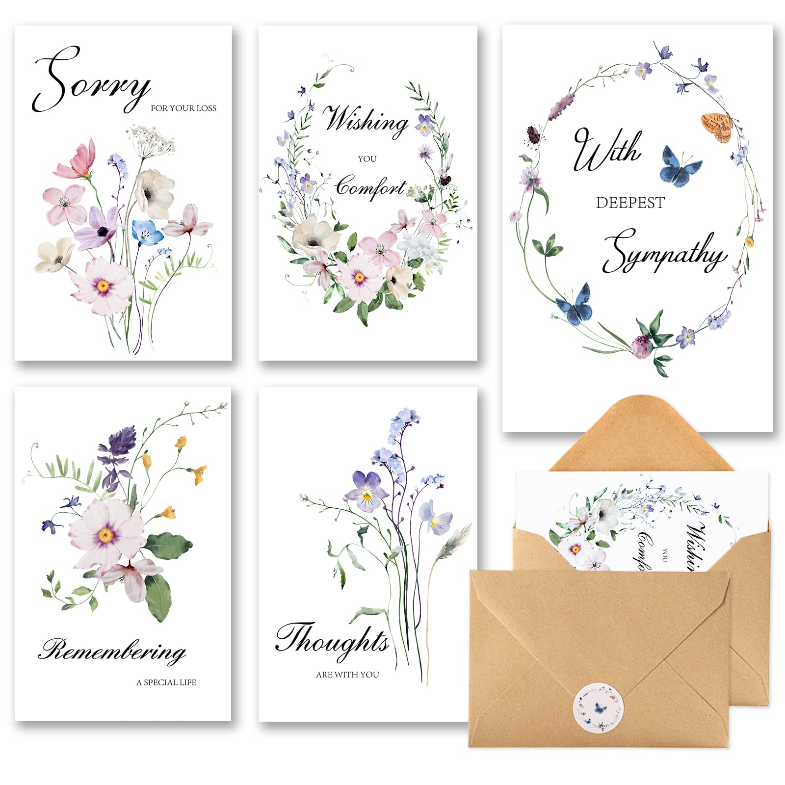 C2U Sympathy Cards with Envelopes – 20 Pack Condolence & Thinking of You Cards with Stickers – Elegant Floral Designs & Heartfelt Messages