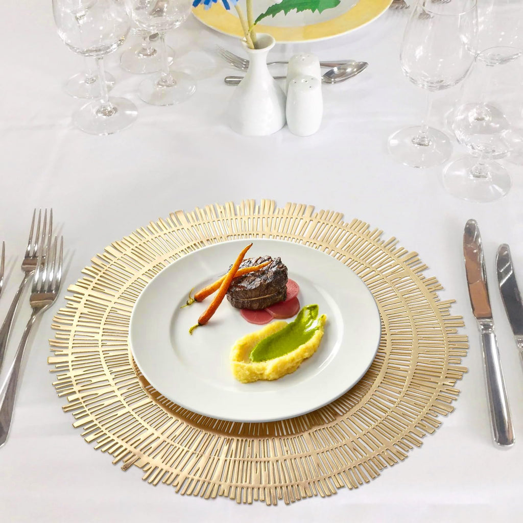 Pumtus 12 Pack 15 Inch Gold Round Placemats, Pressed Vinyl Metallic Place Mat, Non-Slip Hollow Out Dinning Table Mats for Table Decor, Wedding Accent Centerpiece, Christmas, Kitchen Decoration