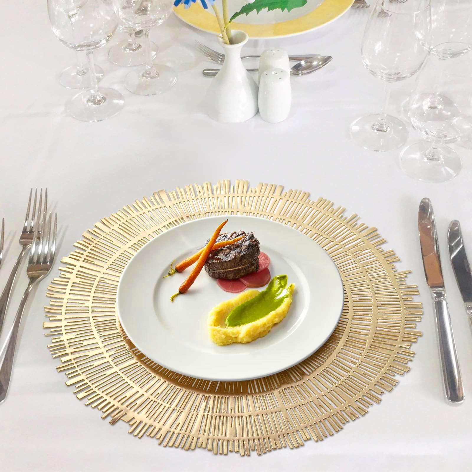 Pumtus 12 Pack 15 Inch Gold Round Placemats, Pressed Vinyl Metallic Place Mat, Non-Slip Hollow Out Dinning Table Mats for Table Decor, Wedding Accent Centerpiece, Christmas, Kitchen Decoration