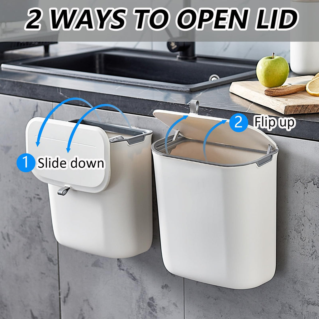 ELPHECO Compost Bin, 2.5 Gallon Hanging Trash Can with Lid, Kitchen Cabinet Door Under Sink Plastic Garbage Can Wall Mounted Slide Open, White
