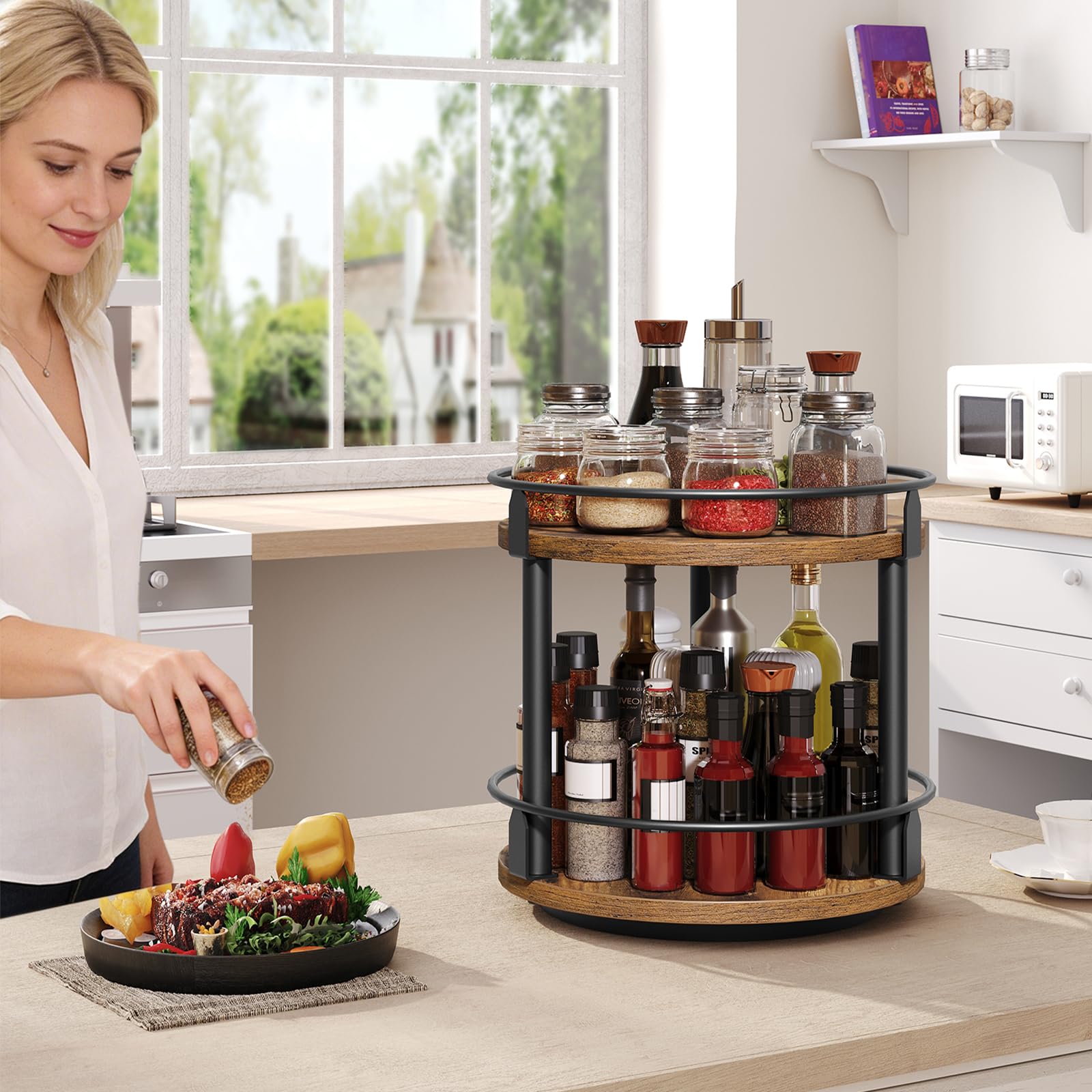 YATINEY Spice Rack, Rotating Spice Organizer for Cupboard, 2 Tier Lazy Susan Turntable, Industrial Countertop Organizer, for Kitchen and Cabinet, Compact and Versatile, Rustic Brown and Black SR22BR