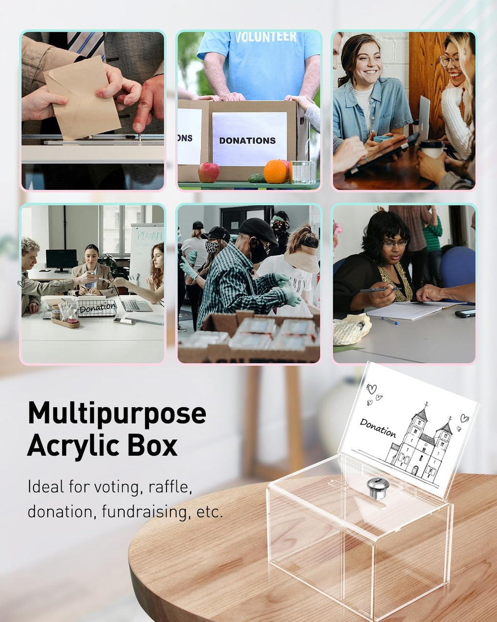 Uniclife Acrylic Donation Box for Fundraising, Clear Suggestion Box with Slot and Lock, Plastic Storage Container with Sign Holder, Ballot Boxs for Charity Tip Collection, 6.3" x 4.6" x 4"