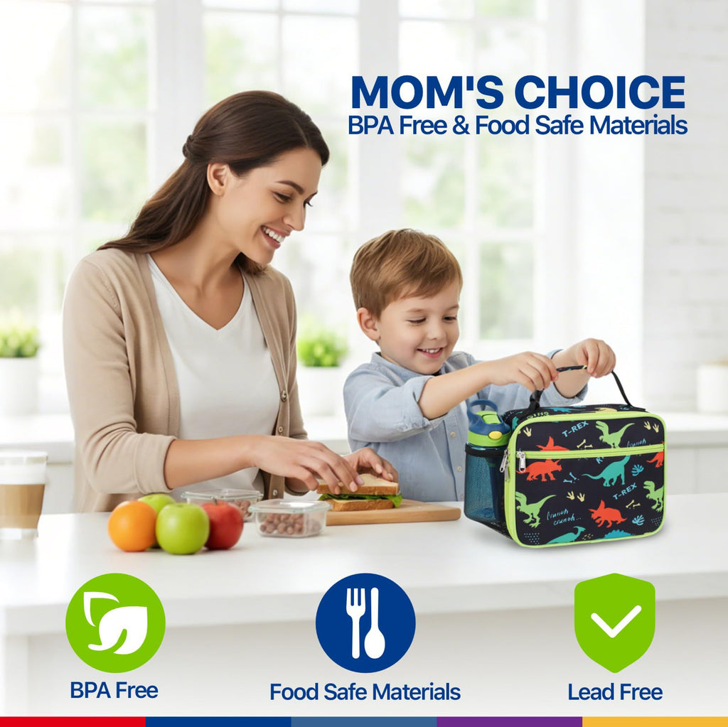 Bagseri Kids Lunch Bag Boys - Kids Lunch Box for Boys Reusable Leak-Proof and Insulated Lunch Bag Toddler Lunch Box for Daycare and School, Black Dinosaur (Water Bottle Not Included)
