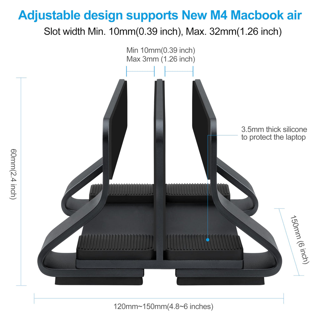 Psitek Aluminum Dual Vertical Laptop Stand Dock Holder, Supports 2 Devices, Adjustable Slot Width 12-36mm, Space-Saving Upright Storage for MacBook and Laptops
