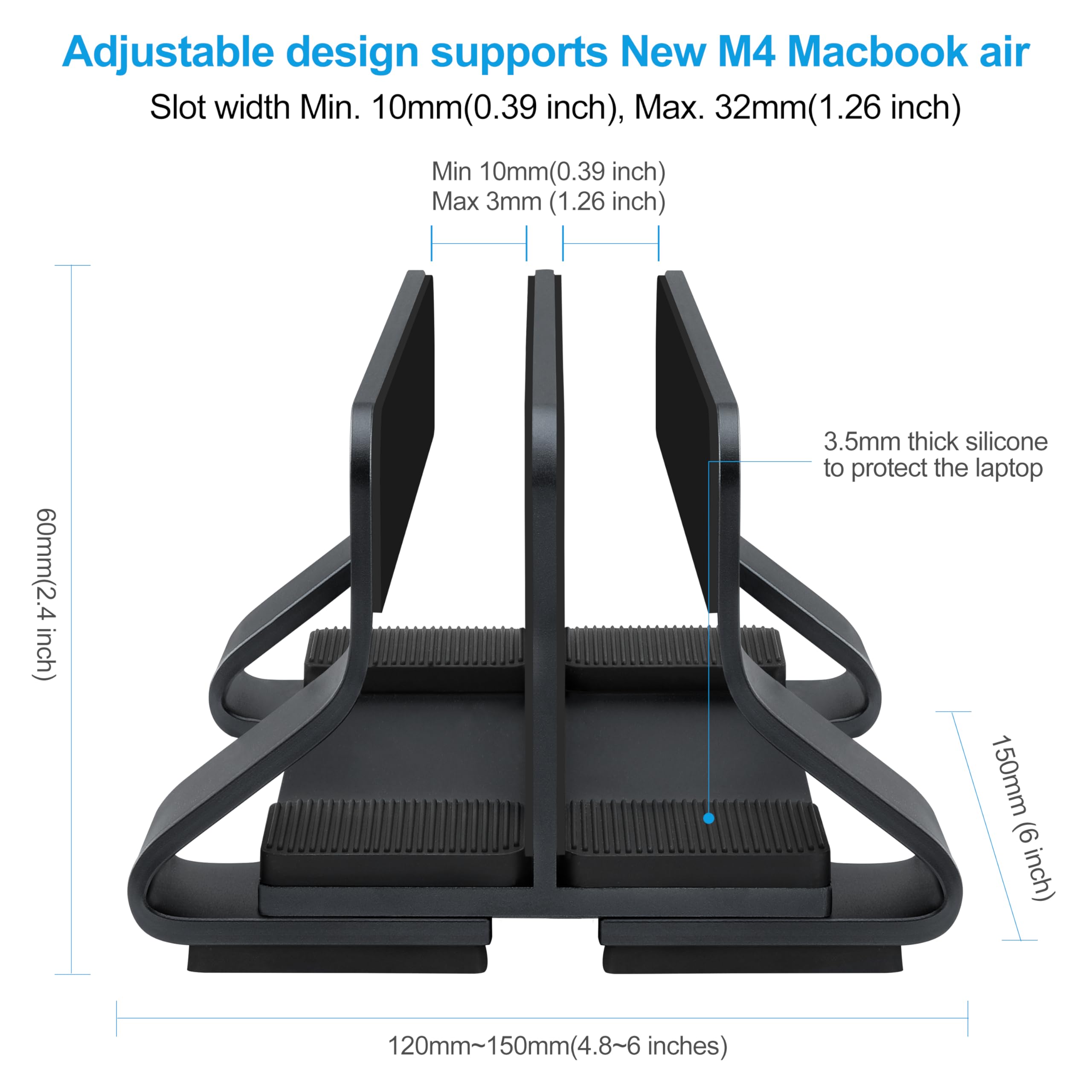 Psitek Aluminum Dual Vertical Laptop Stand Dock Holder, Supports 2 Devices, Adjustable Slot Width 12-36mm, Space-Saving Upright Storage for MacBook and Laptops