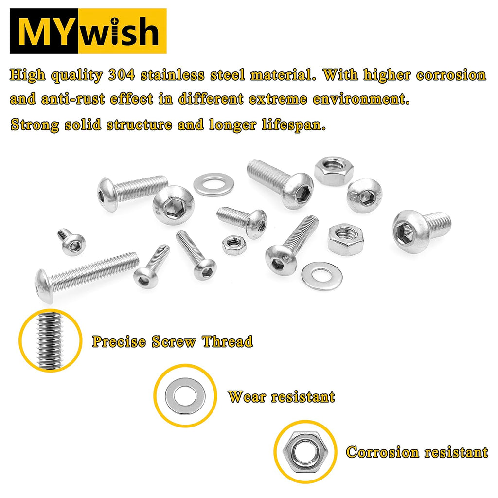 Mywish 1290 Pieces M2 M3 M4 M5 Screw Nuts and Bolts Assortment Kit, Metric Screws 304 Stainless Steel Button Head Socket Cap Metric Screw Assortment with Flat Washers/Nuts/Hex Wrenches 16 Sizes