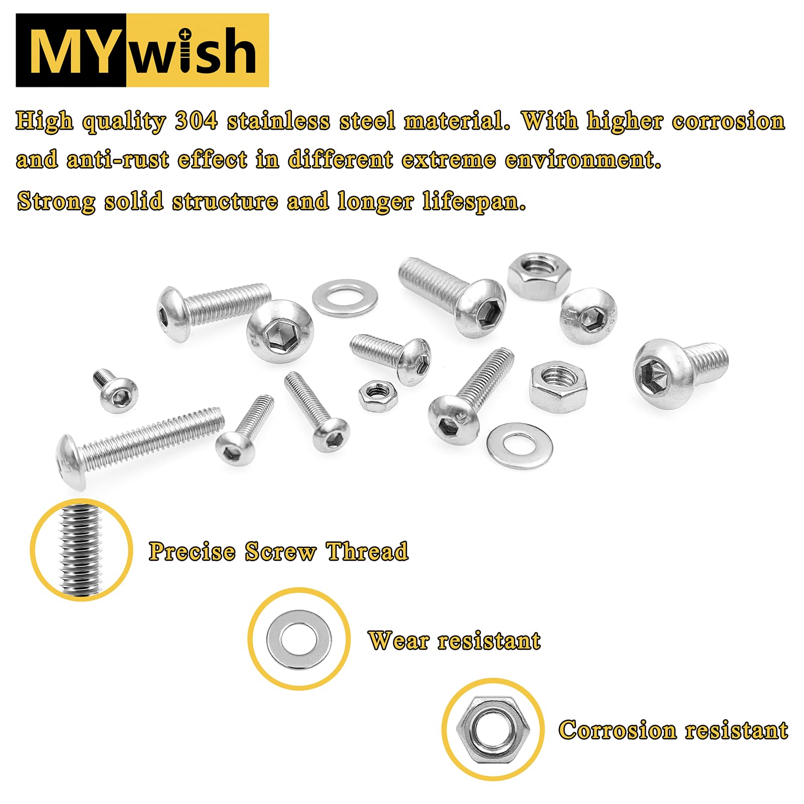 Mywish 1290 Pieces M2 M3 M4 M5 Screw Nuts and Bolts Assortment Kit, Metric Screws 304 Stainless Steel Button Head Socket Cap Metric Screw Assortment with Flat Washers/Nuts/Hex Wrenches 16 Sizes