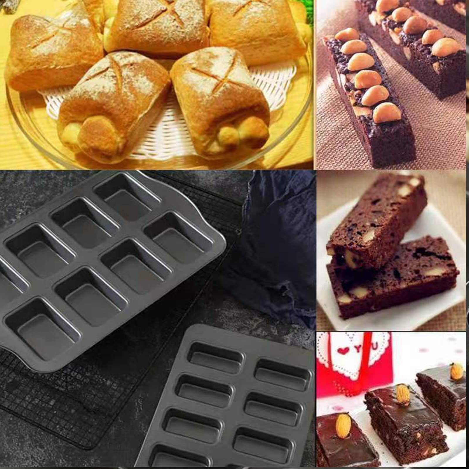 PLAZOTTA 2 Packs 8 Cavity Non-Stock Mini Loaf Pan with Silicone Handle, Mini Bread Loaf Baking Pan Mini Brownie Pan Cheesecake Mould Rectangular Bar