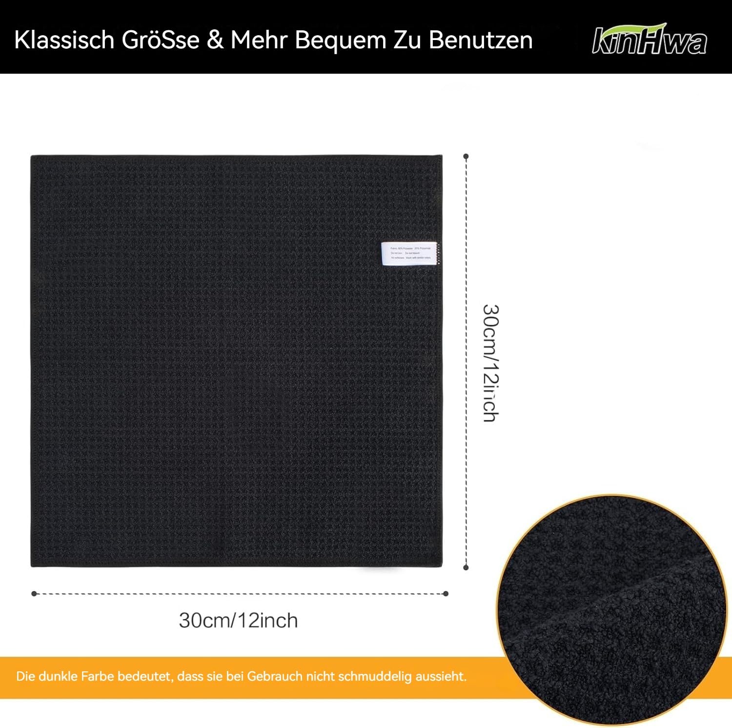 KinHwa Dish Cloths Ultra Absorbent Microfiber Cleaning Cloths Odor Free Waffle Weave Kitchen Dishcloths Rags 12inch x 12inch Blue-Black 6 Pack