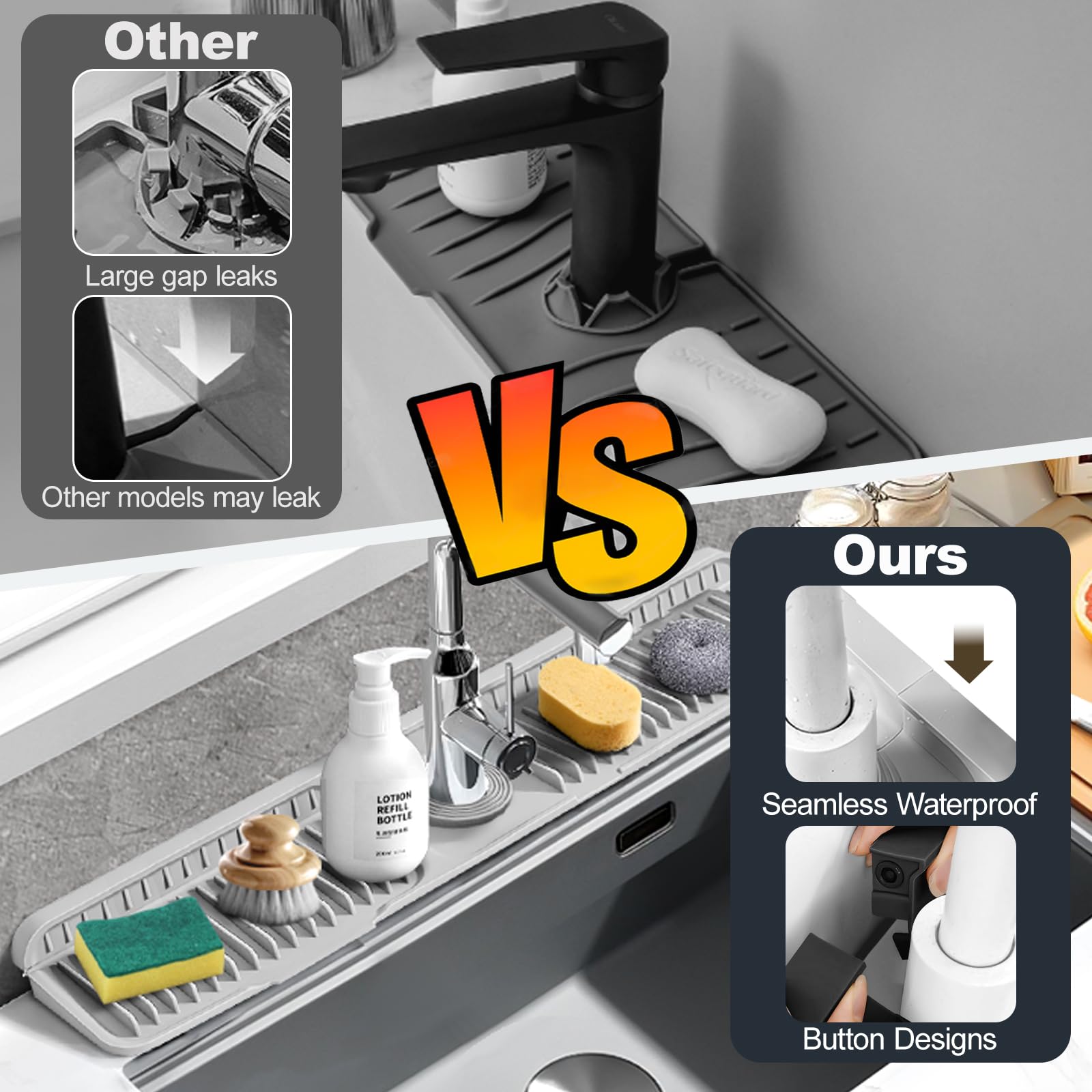 Accock 24 inch Kitchen Sink Splash Guard, Silicone Draining Mat for Sink, Longer Silicone Faucet Drainer Pad, Sink Protectors for Kitchen Sink Mat, Sponge Holder for Kitchen. (Grey, XXL(24 * 5.5))