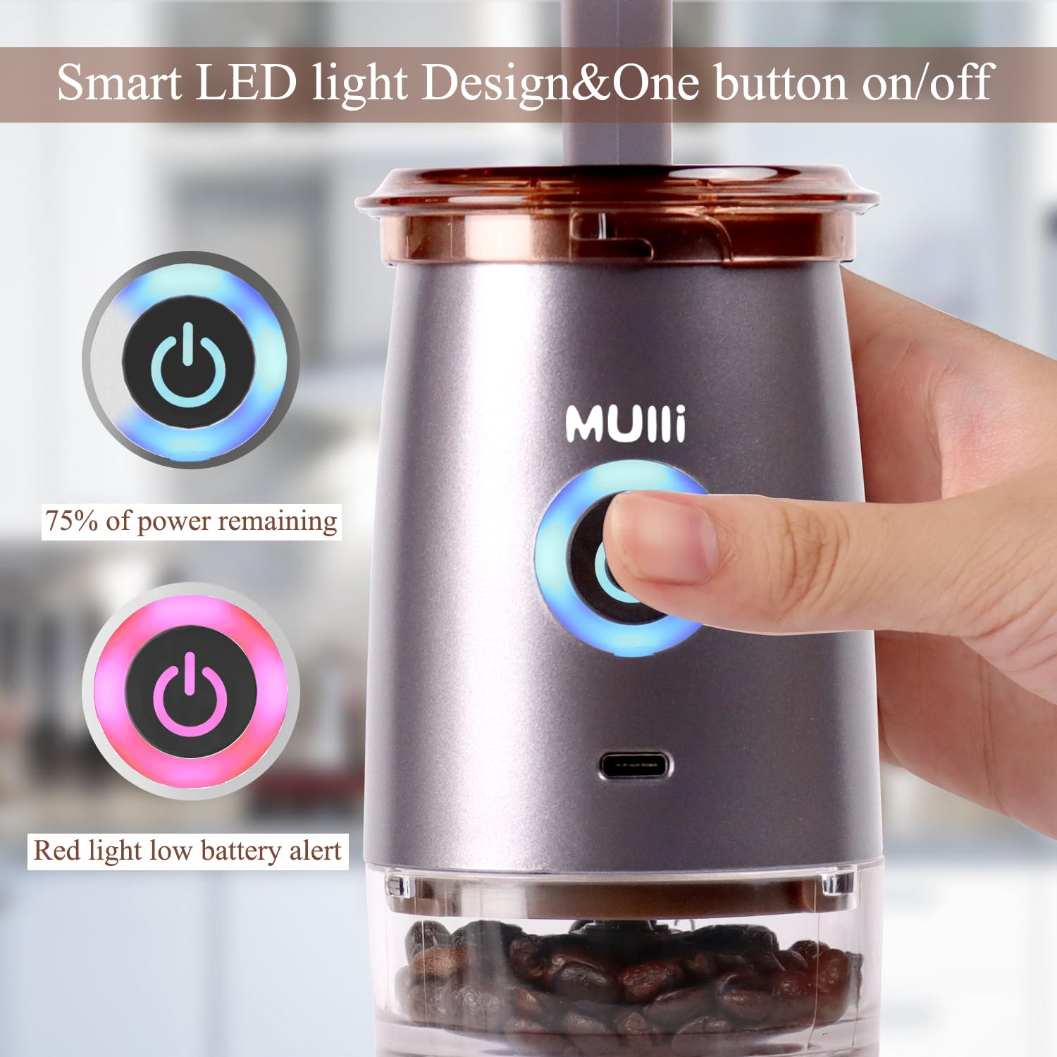 Mulli Portable Burr Coffee Grinder,Electric/Manual 2-in-1 Cafe Grind, Adjustable Burr Mill with 5 Precise Grind Setting for Drip/Espresso/PourOver