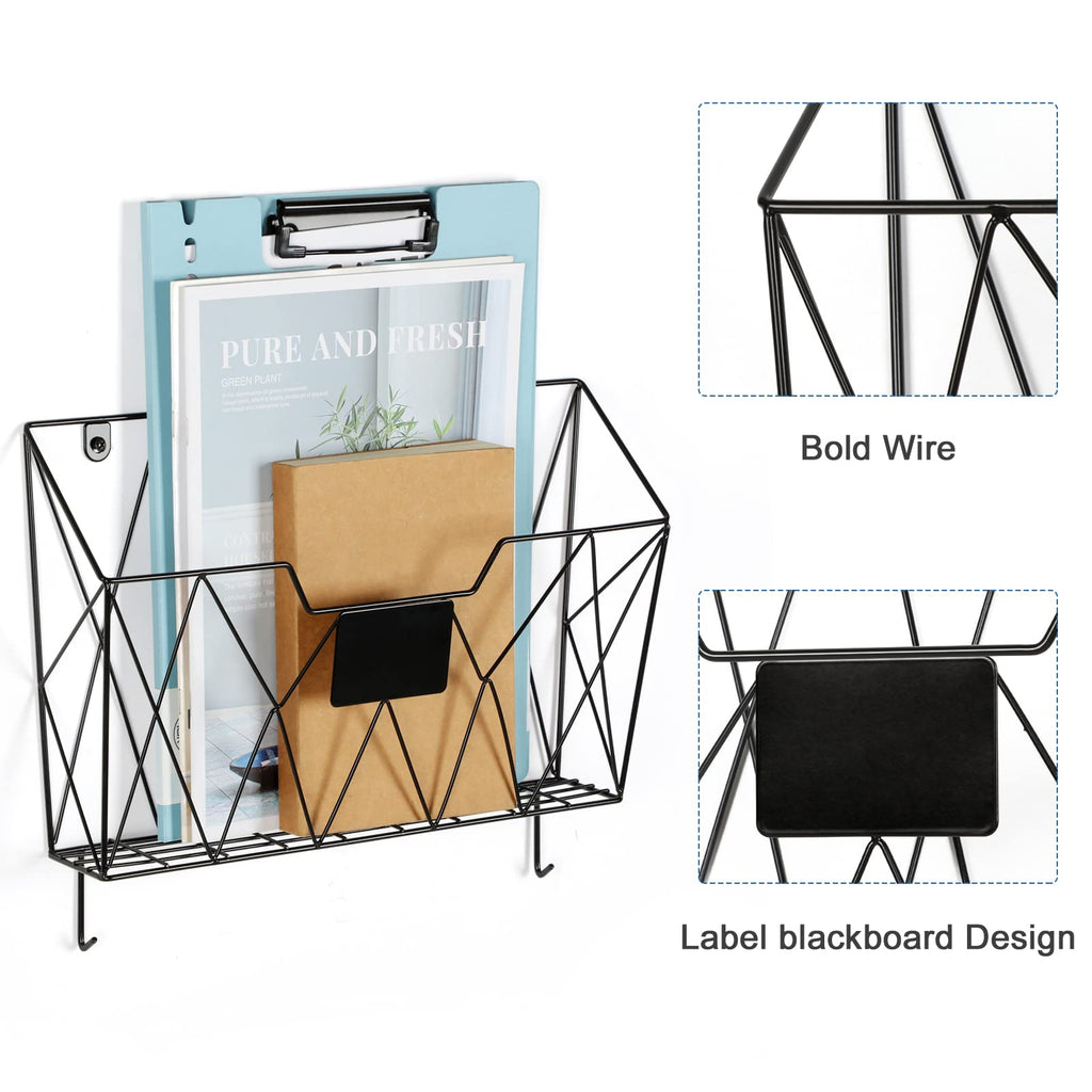 OYEAL Hanging Wall File Organizer Metal Wall File Holder 3 Pockets Mail Organizer Wall Mounted with Hooks for Office Home, Black