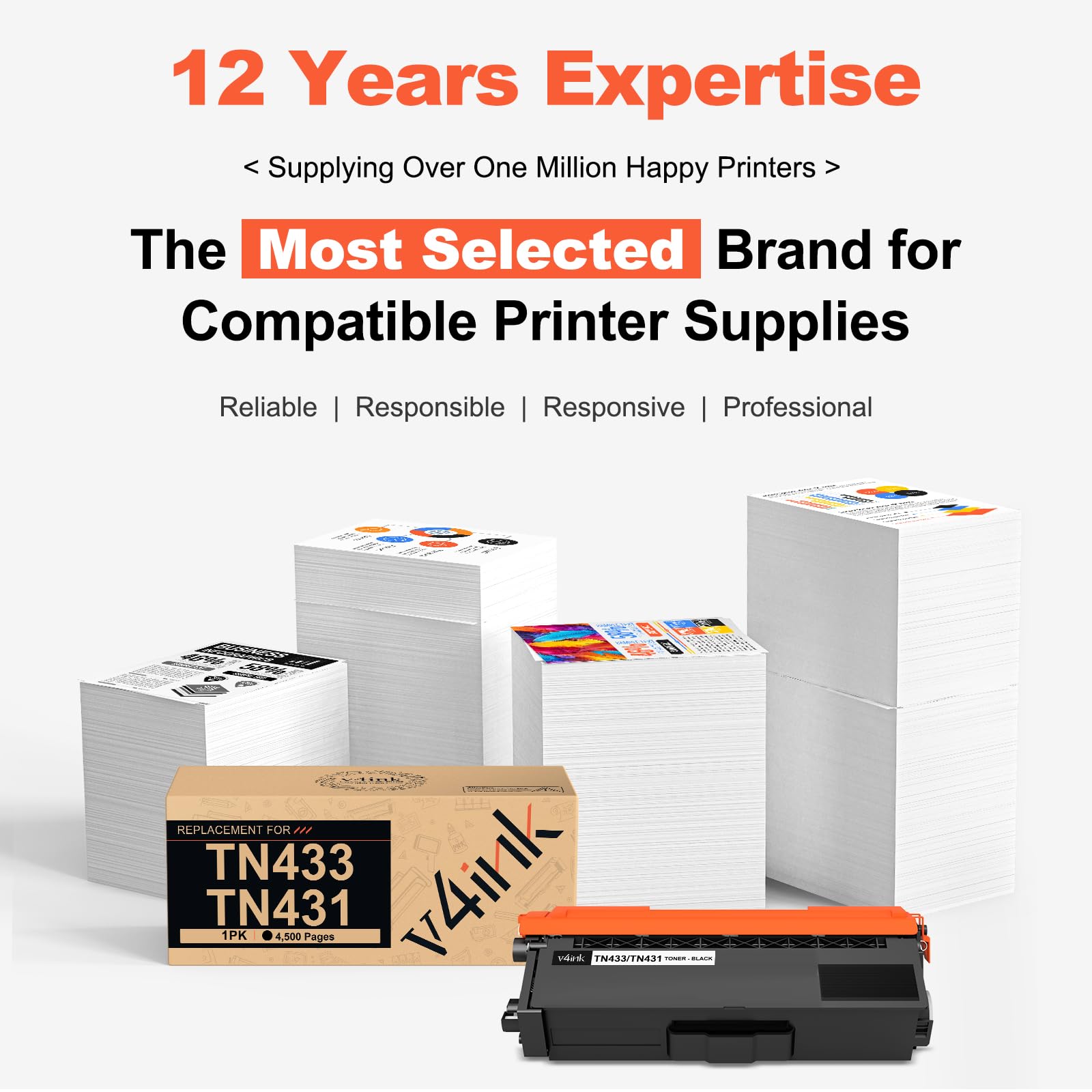 v4ink TN431BK TN433BK Compatible Toner Replacement for Brother TN433 TN431 Black Toner for Brother MFC-L8900CDW MFC-L8610CDW HL-L8260CDW HL-L8360CDW HL-L8360CDWT HL-L9310CDW Printer 1 Pack