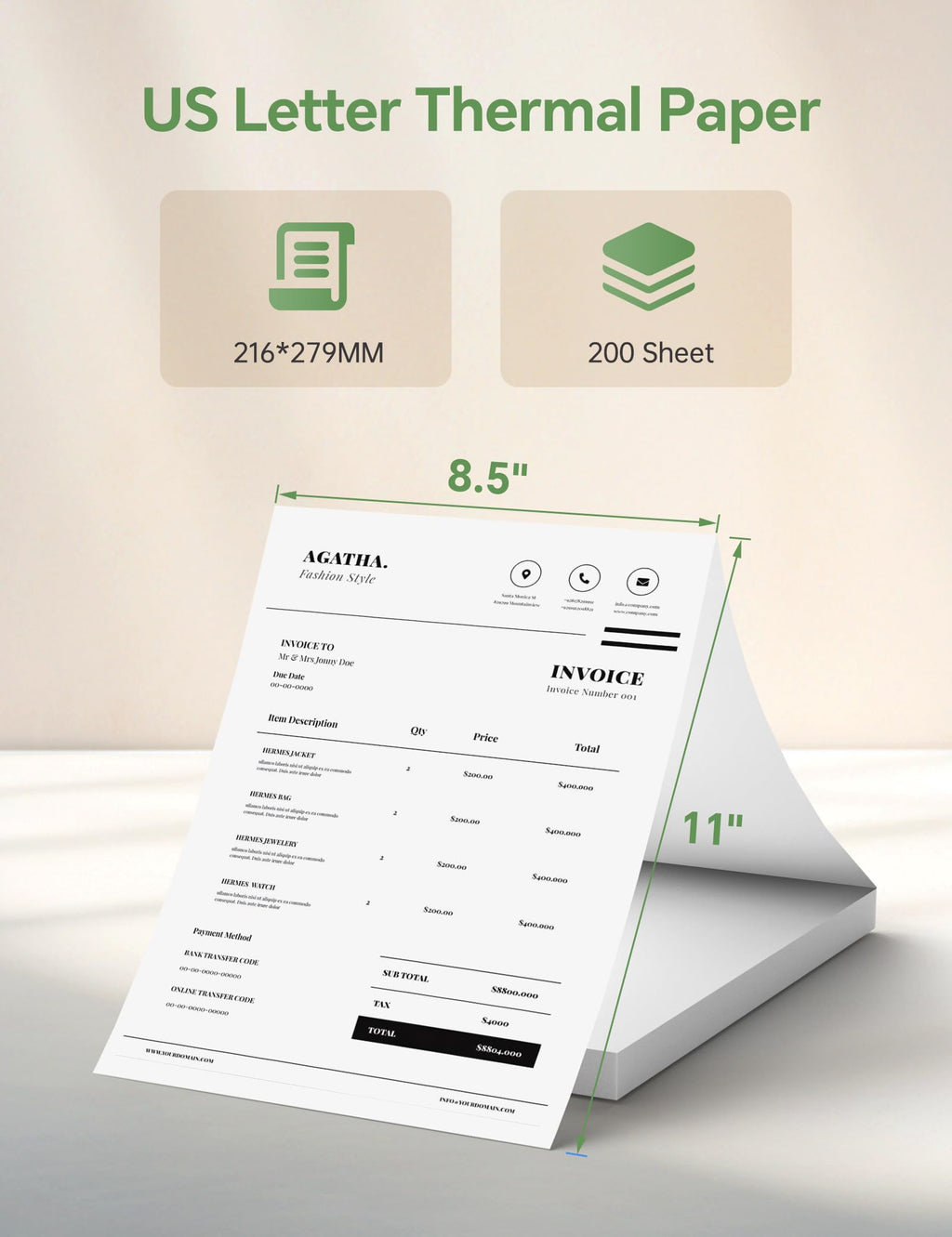 200 Sheets Thermal Printer Paper 8.5x11 US Letter Thermal Paper Compatible with MT610 Pro and Other Thermal Portable Printer