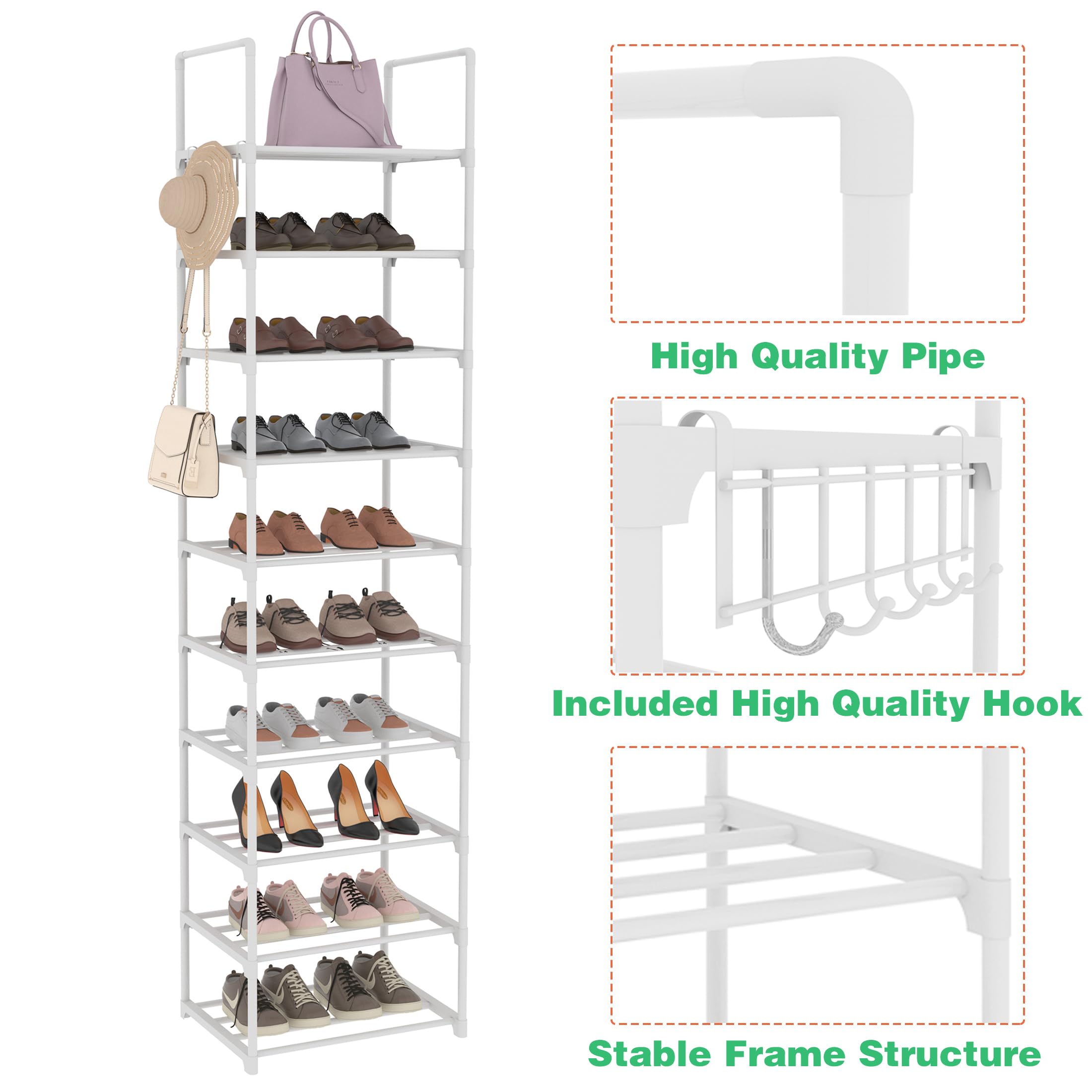 Lxvckly Shoe Rack 10-Tier Metal Narrow Shoe Organizer 20 Pairs Tall Shoe Storage Rack with Hook, Vertical Shoe and Boots Organizer, Shoe Shelf Organizer for Entryway Closet Hallway White