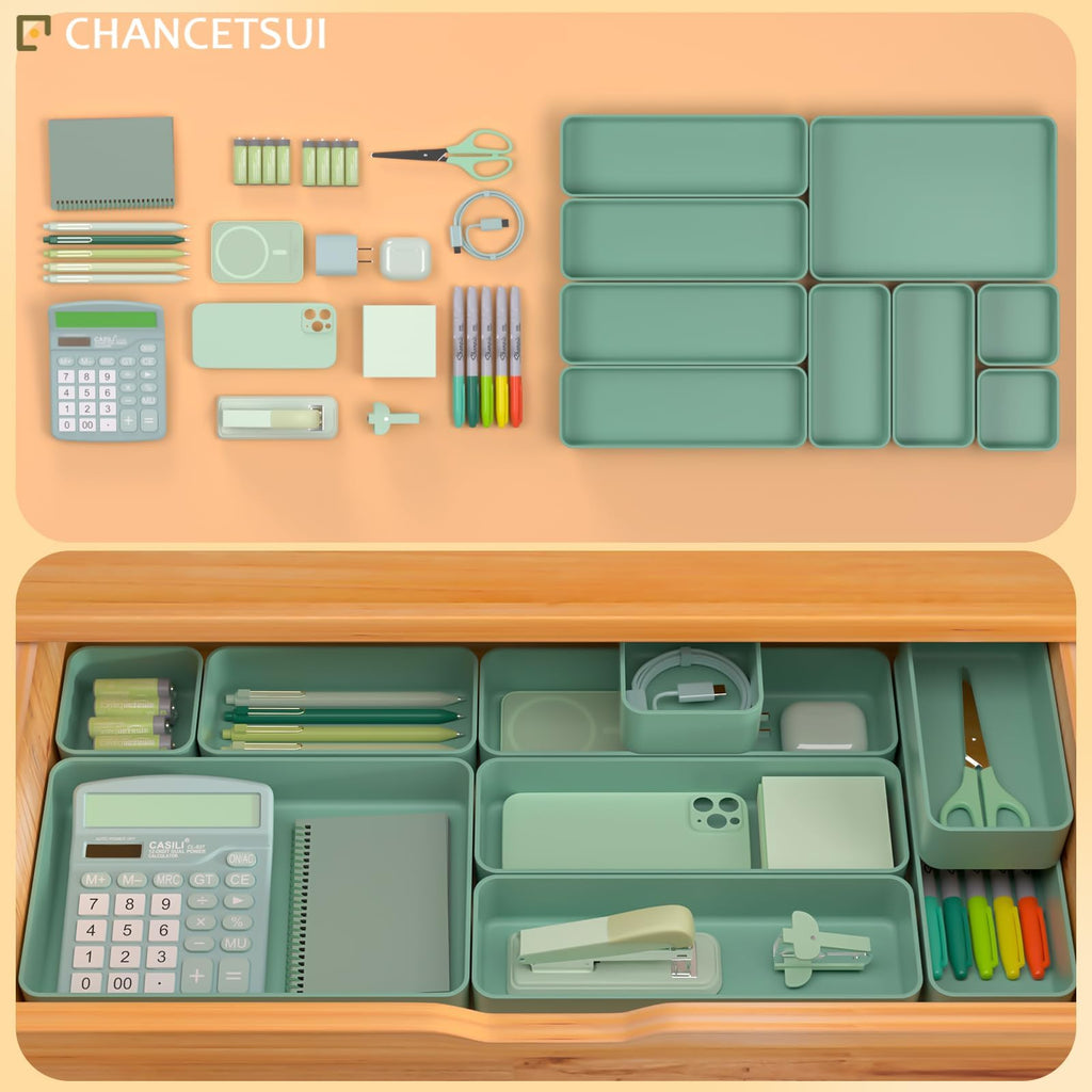 9 Pcs Organizer Trays Set, Multifunctional Stackable Storage Trays for Bedroom, Bathroom, Kitchen Drawer Organizer. Plastic Drawer Storage Boxes Available In 5 Colours, White, Black, Military Blue, Dusty Rose And Forest Green