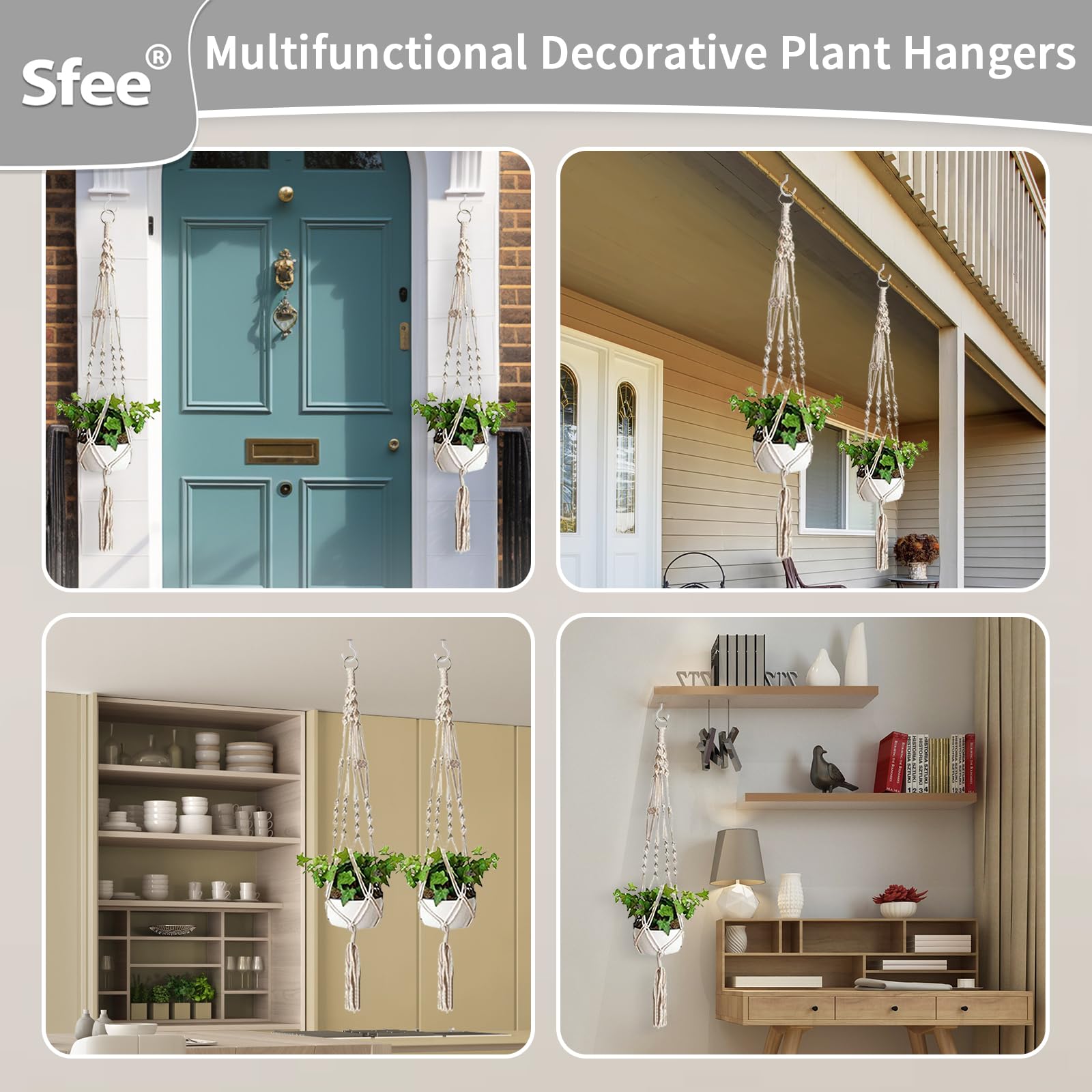 Sfee 2 Pack Macrame Plant Hangers, Hanging Planters Indoor Outdoor Handmade Cotton Rope Hanging Plant Pot Durable Flower Pots Holder for Home Garden Balcony Ceiling Decorations with 2 Hooks(White)