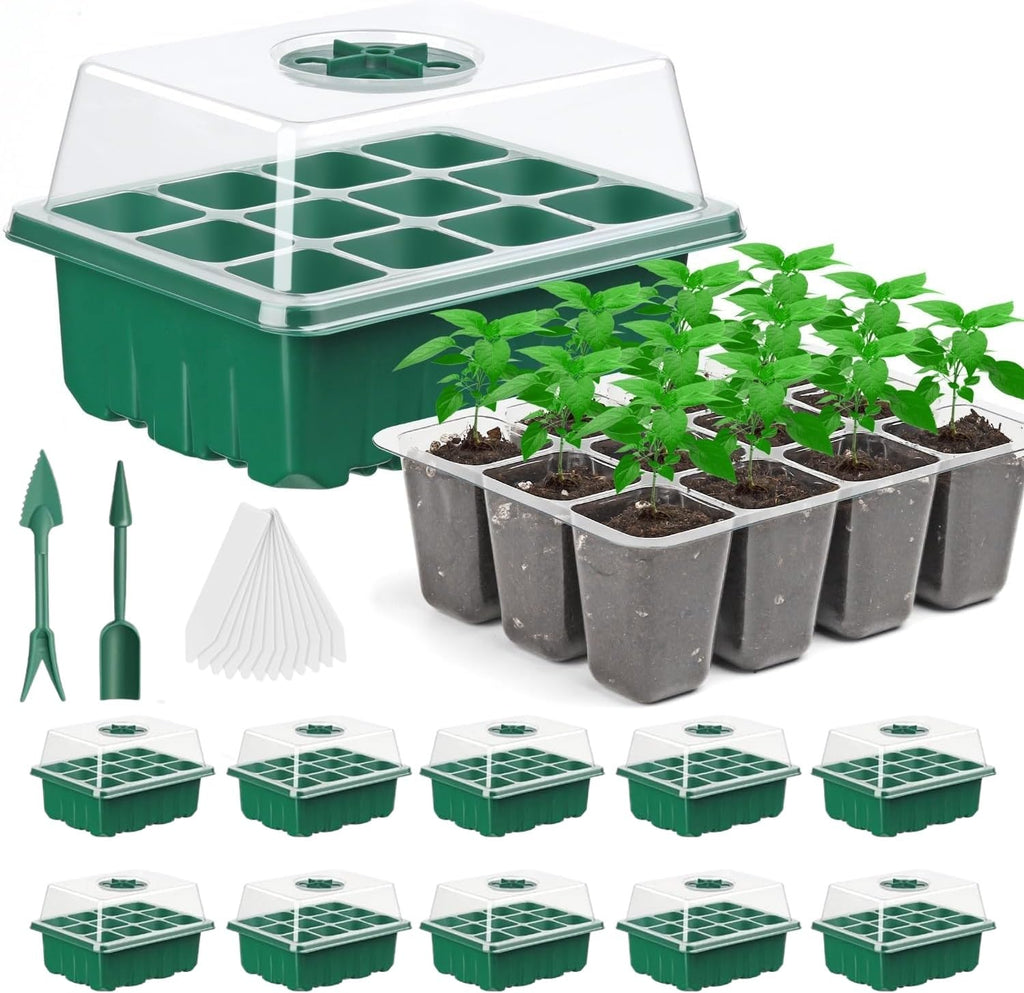 10 Pack Seed Starter Tray Seedling Kits, Plant Starter Kit with Adjustable Humidity Dome and Base, Indoor Greenhouse Mini Propagator for Seeds Growing Starting (120 Total Cells, Green)