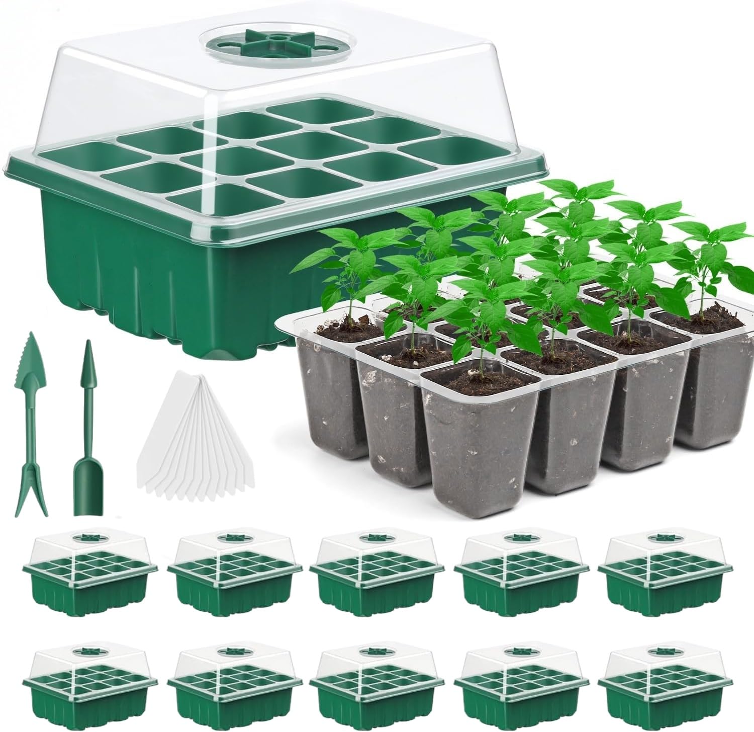10 Pack Seed Starter Tray Seedling Kits, Plant Starter Kit with Adjustable Humidity Dome and Base, Indoor Greenhouse Mini Propagator for Seeds Growing Starting (120 Total Cells, Green)