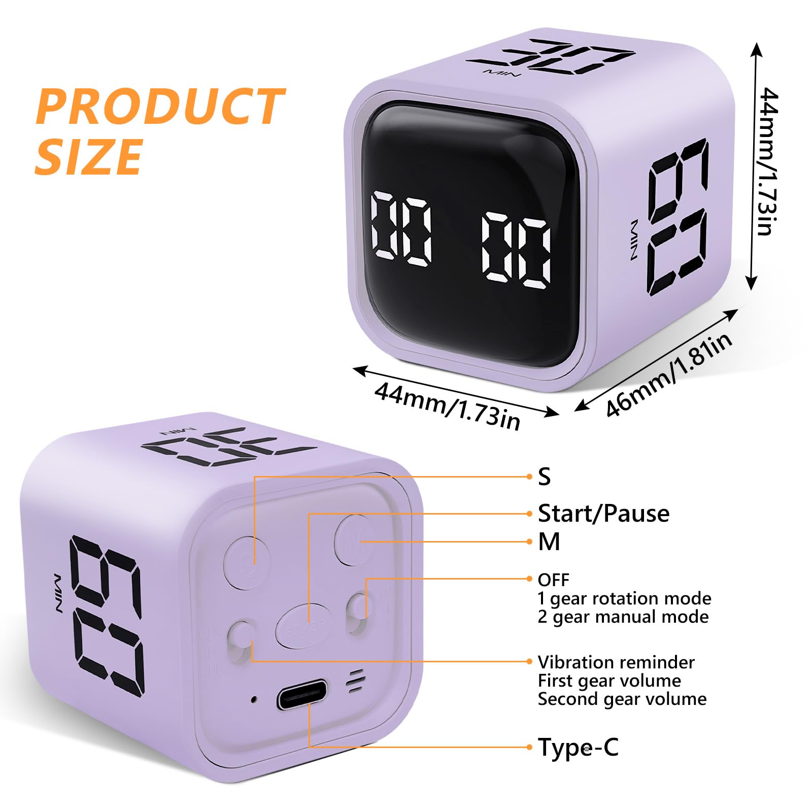 GuDoQi Cube Timer, Pomodoro Timer with Adjustable Sound and Vibration Alert, 5/10/30/60 Mins & Custom Mode, Visual Countdown Timer for Study, Office, Yoga, Purple