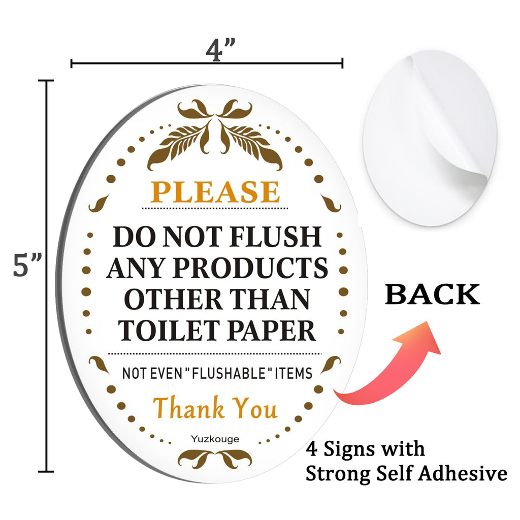 4 Pack Do Not Flush Sign, 5” x 4” Thick Acrylic Self-Adhesive Warning Sign for Bathroom, Easy to Install